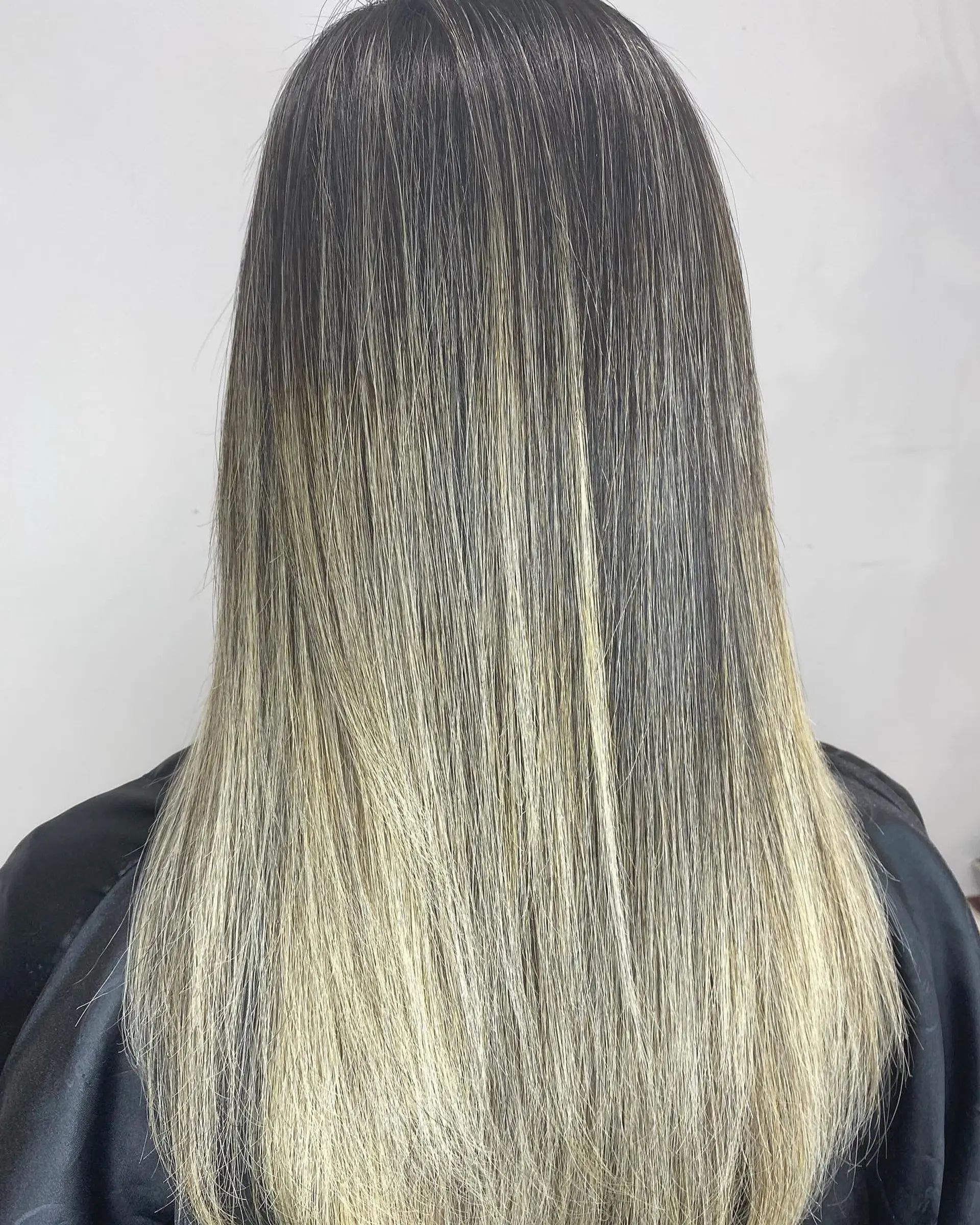 Long, straight hair with a dark to blonde ombre. 1