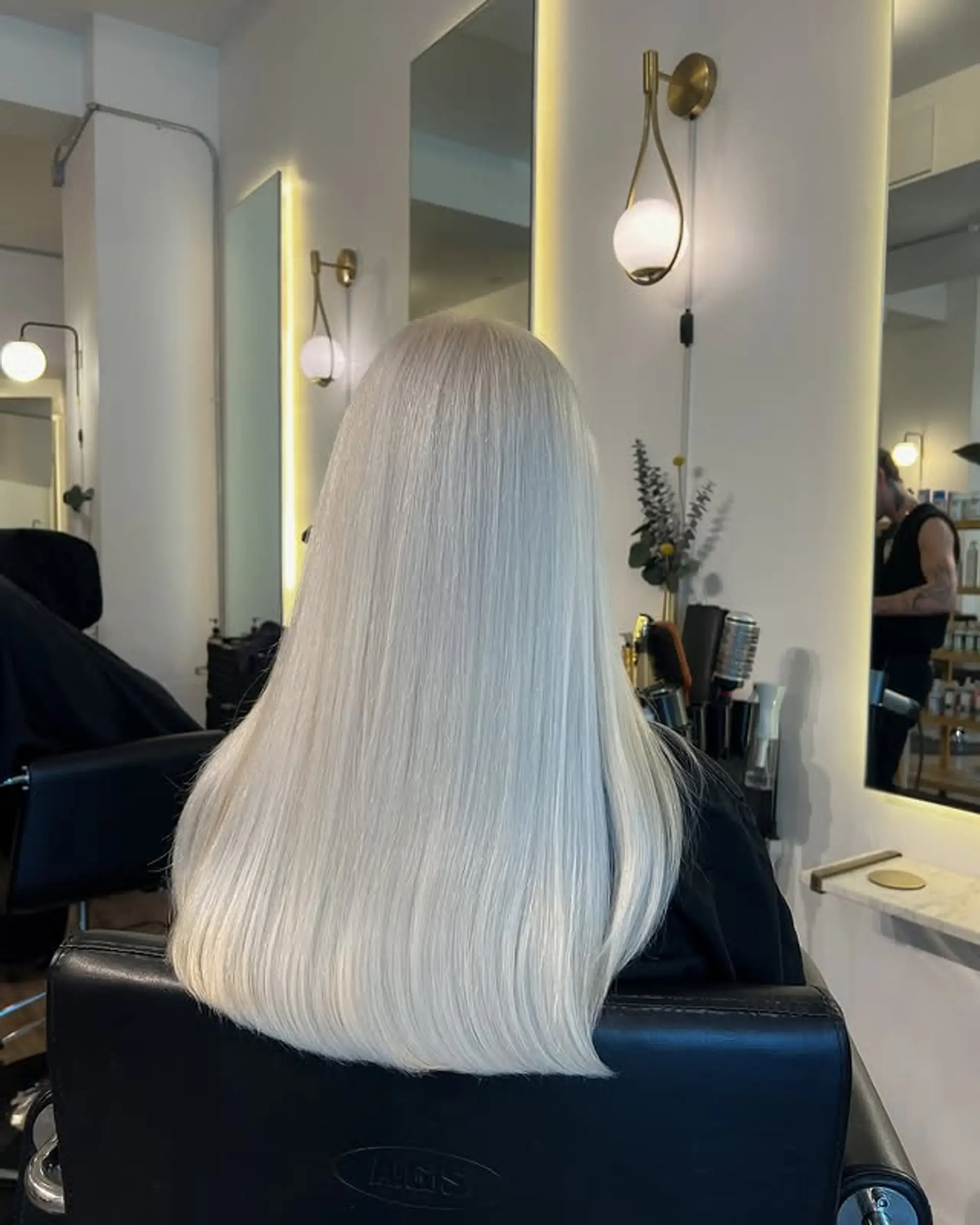 Long, straight platinum blonde hair with cool icy tones. 1