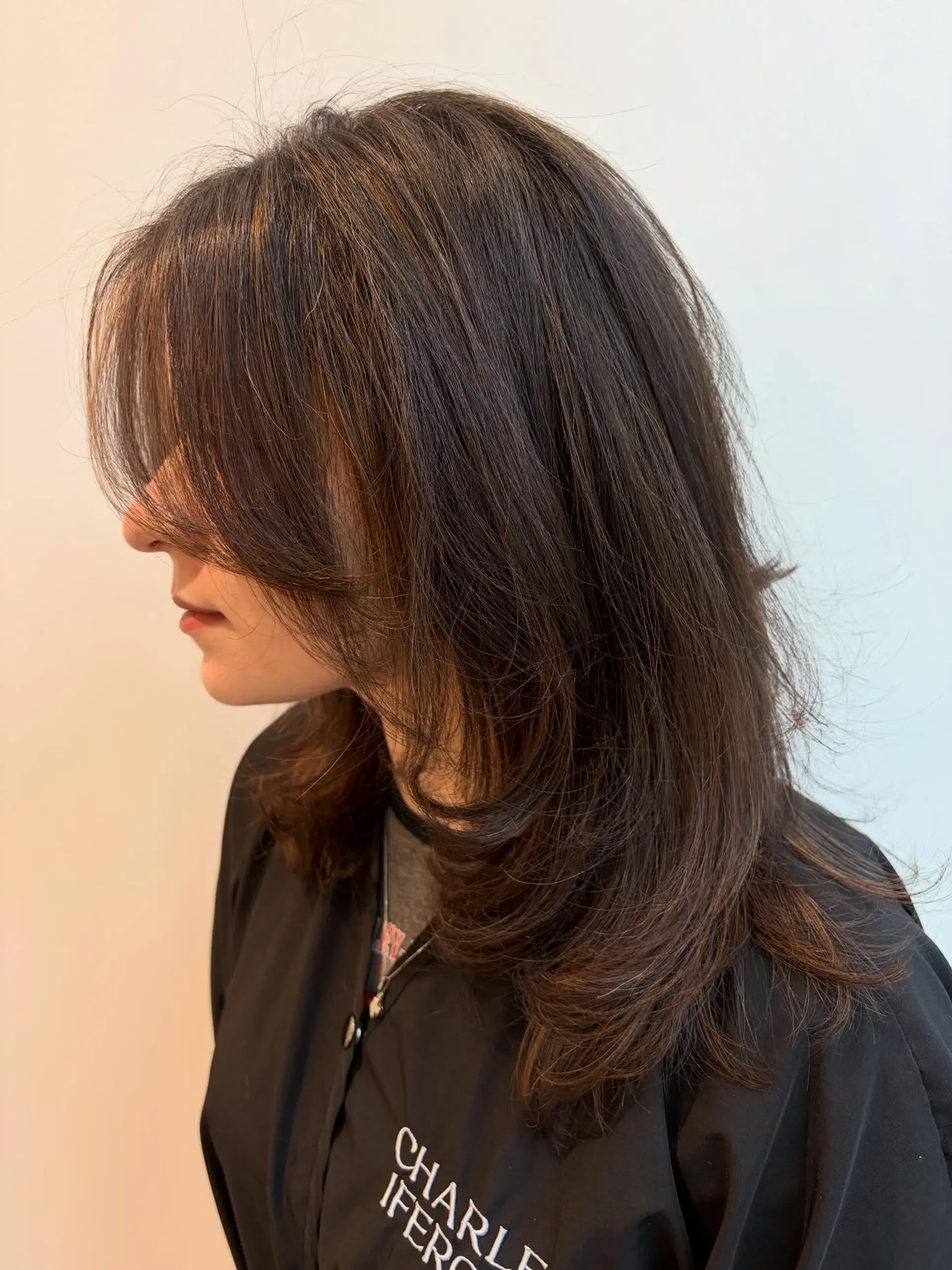 Medium-length chocolate brown hair featuring feathered face-framing layers and long, sweeping curtain bangs styled with a soft blowout. 1