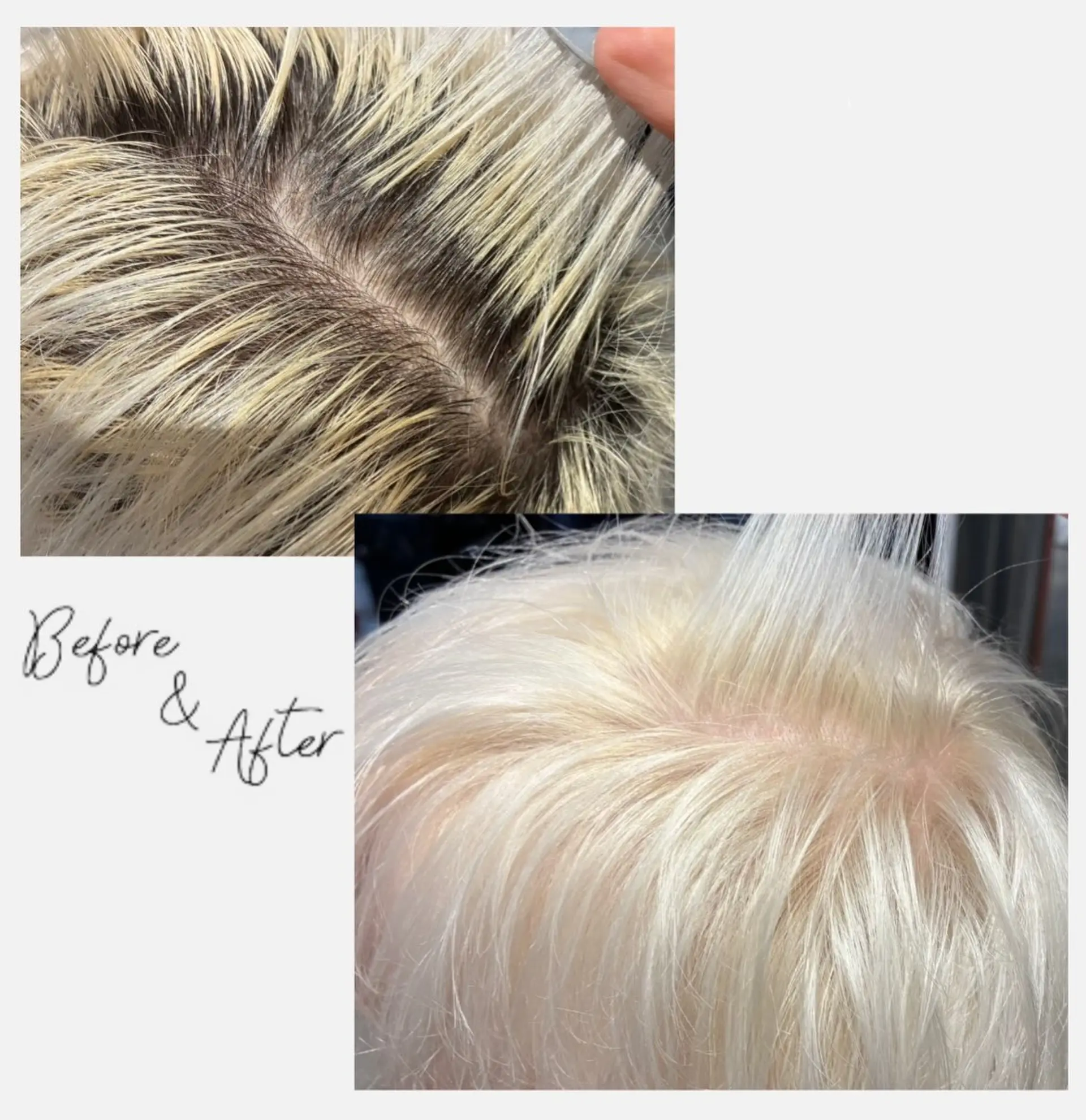 A root retouch bleach and tone transformation resulting in a seamless, luminous platinum blonde shade. 1