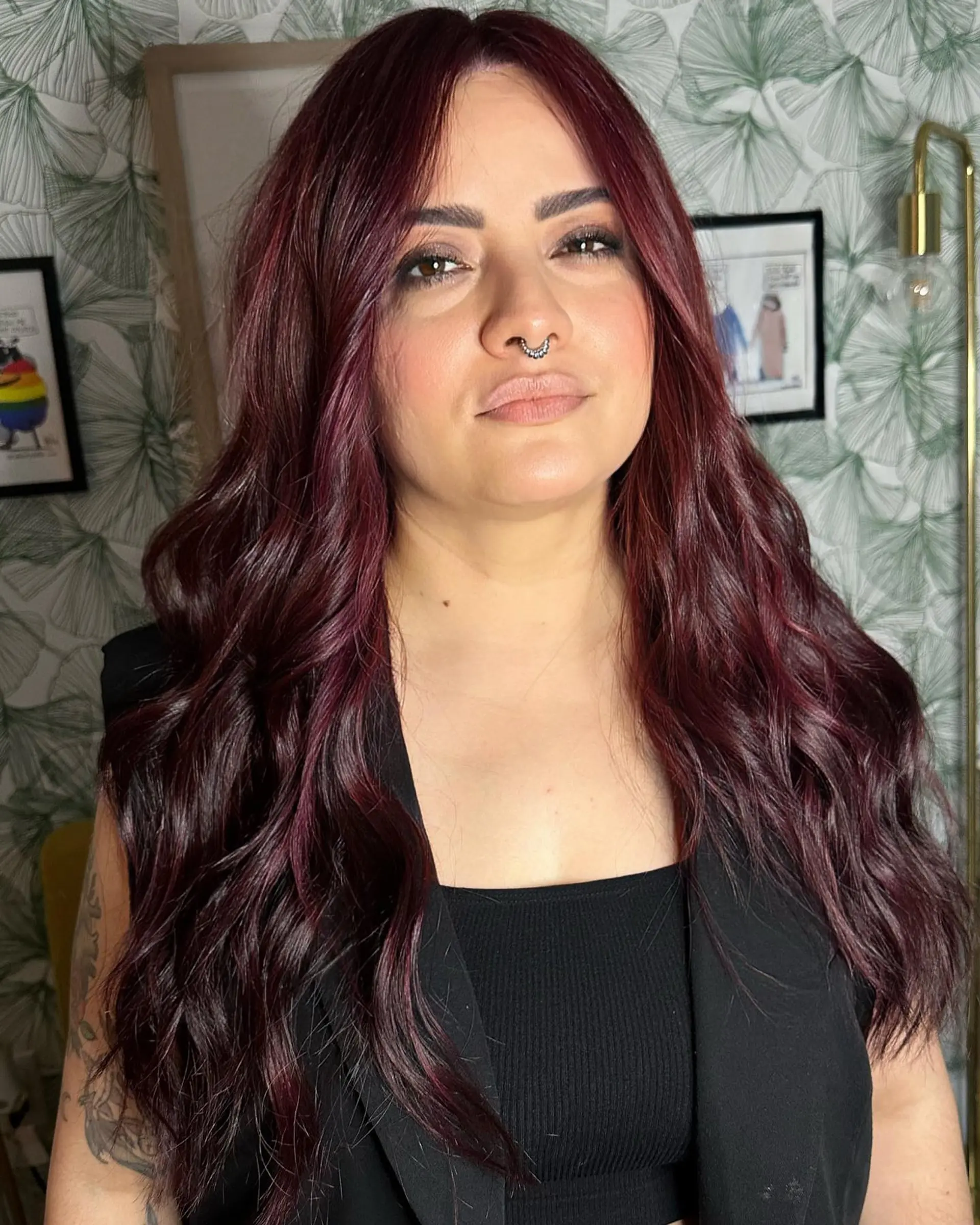 Long, flowing textured waves featuring a deep wine red tone with multidimensional burgundy highlights. 1