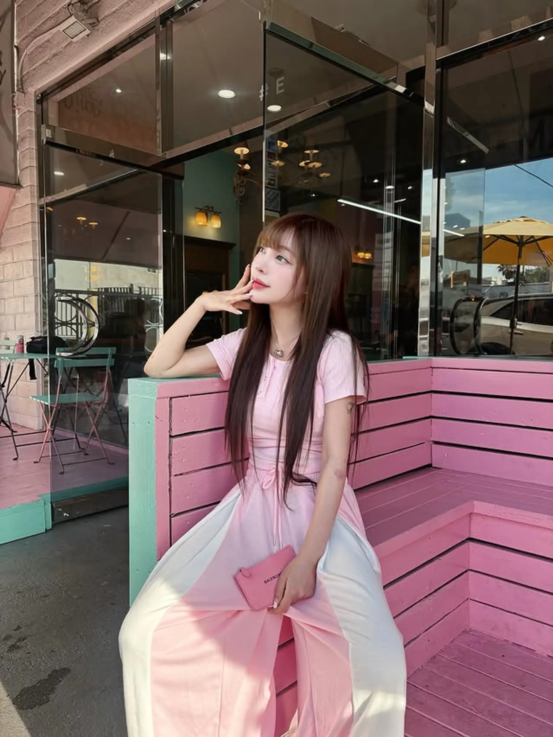 Long, straight hair with face-framing bangs. 1