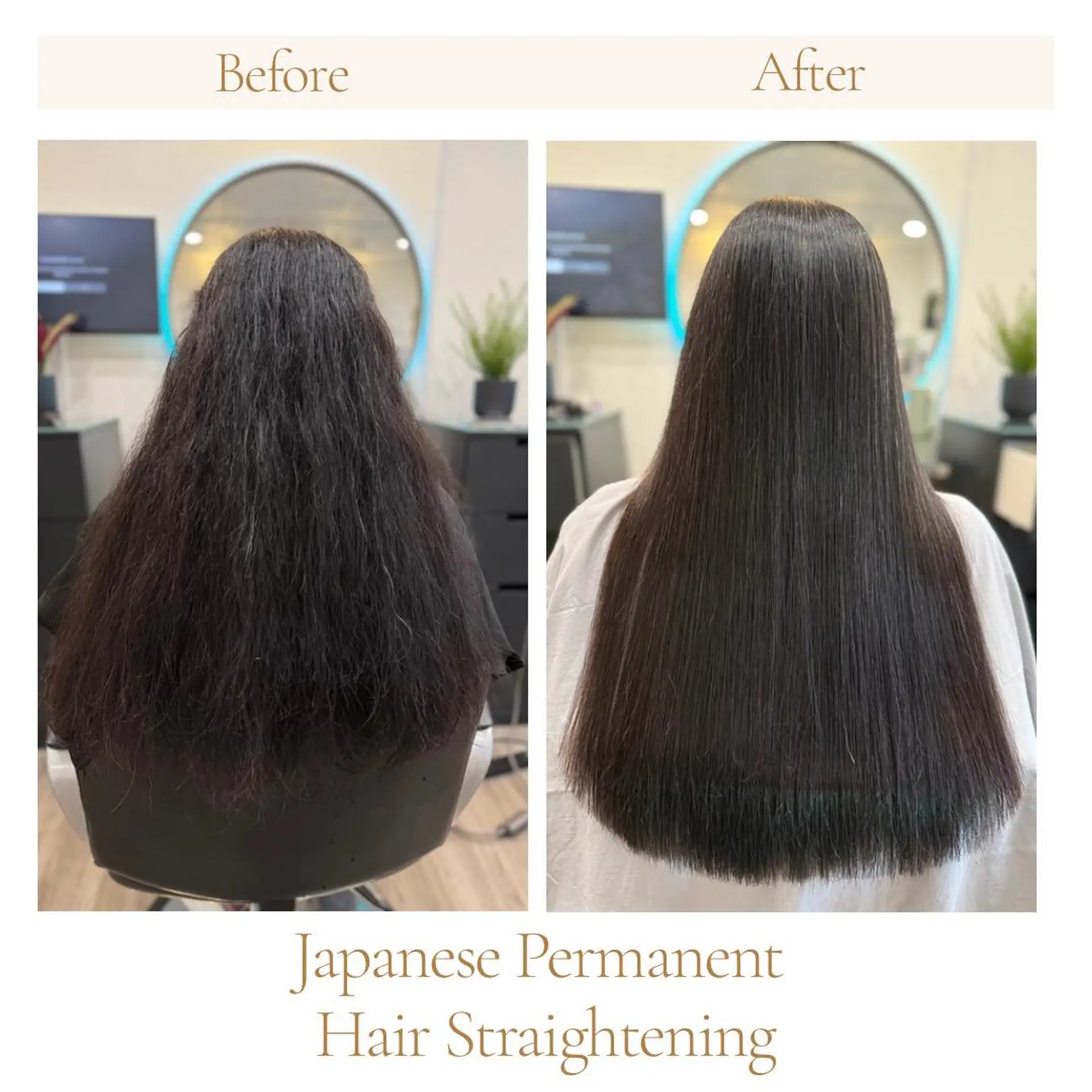 A sleek, pin-straight long dark hairstyle achieved through permanent hair straightening, shown alongside the textured, frizzy before photo. 1