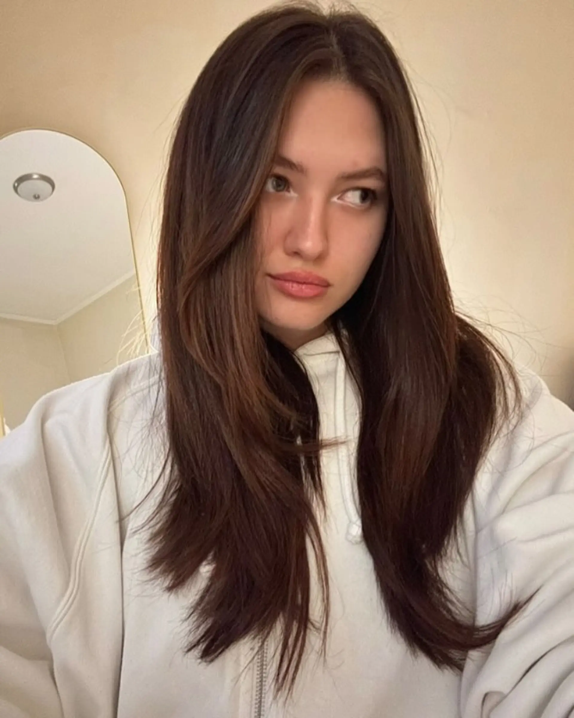 Long chocolate brown hair featuring soft face-framing layers and a smooth, natural blowout. 1