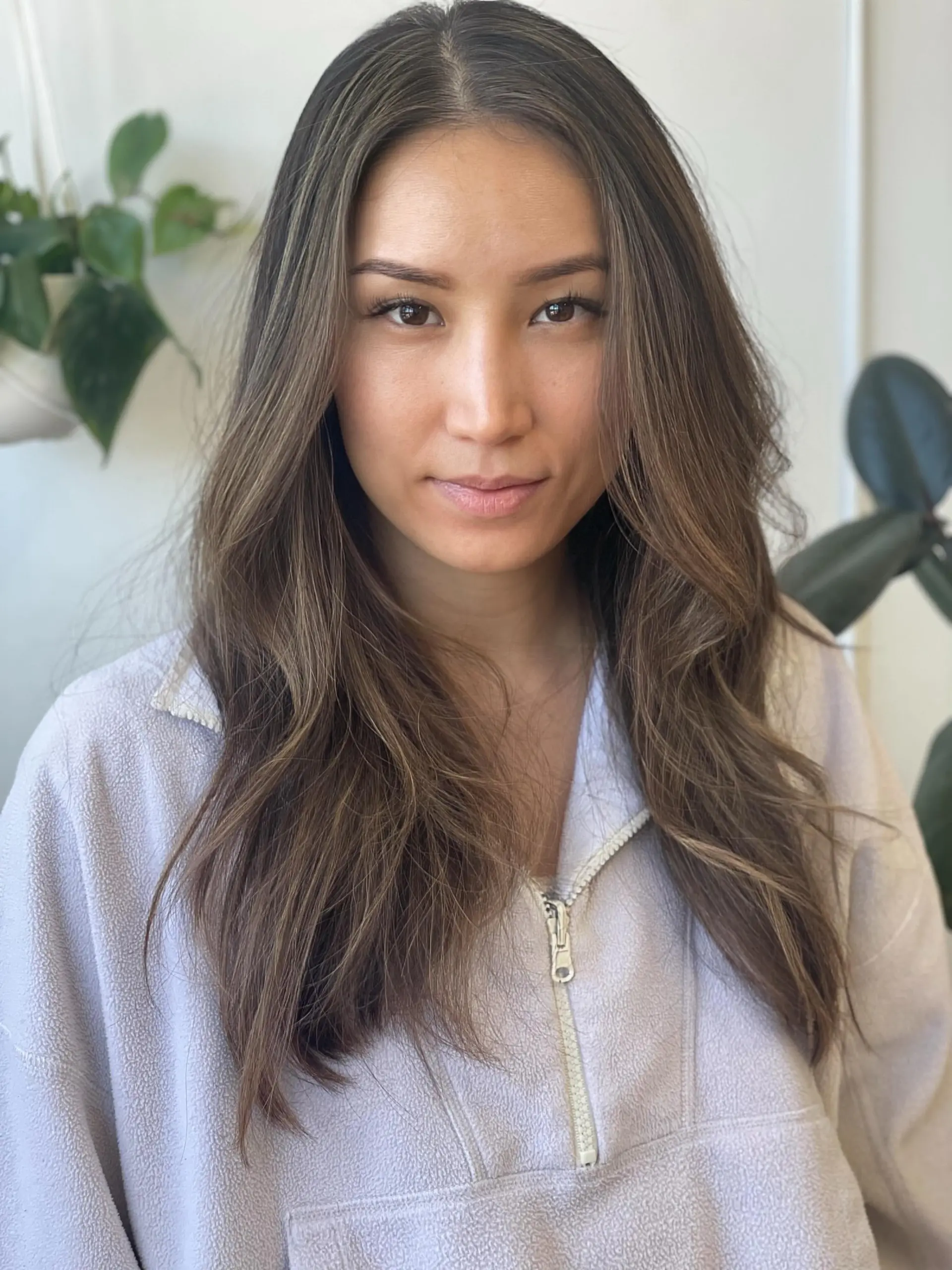 Long brunette hair styled in soft, natural waves with subtle face-framing suede and ash brown highlights. 1