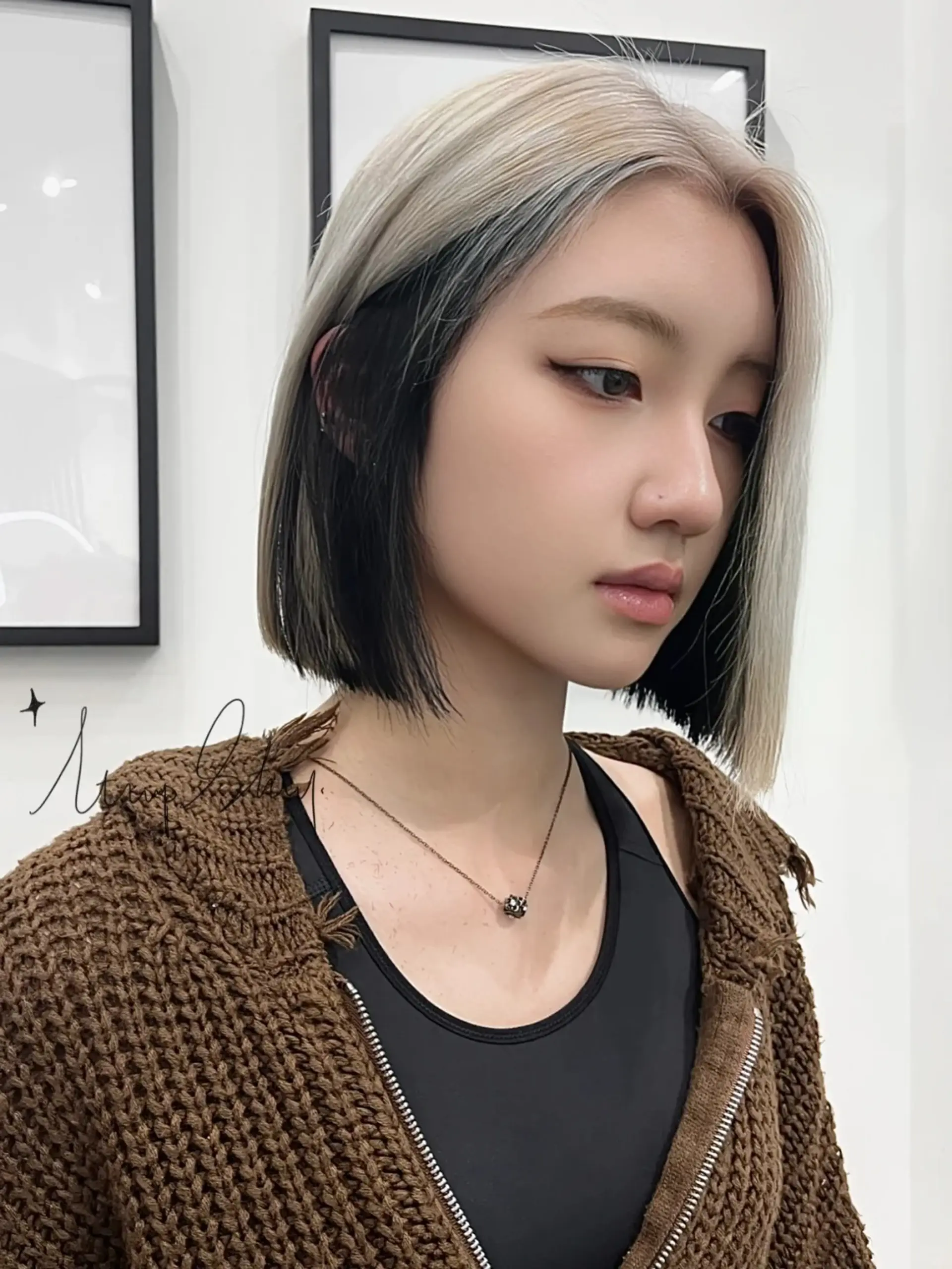 A sleek, modern bob with a striking contrast between platinum blonde and black. The hairstyle is very straight, smooth, and falls to the chin, providing a chic and edgy vibe.

(NonstopStyle: by Niel) 1