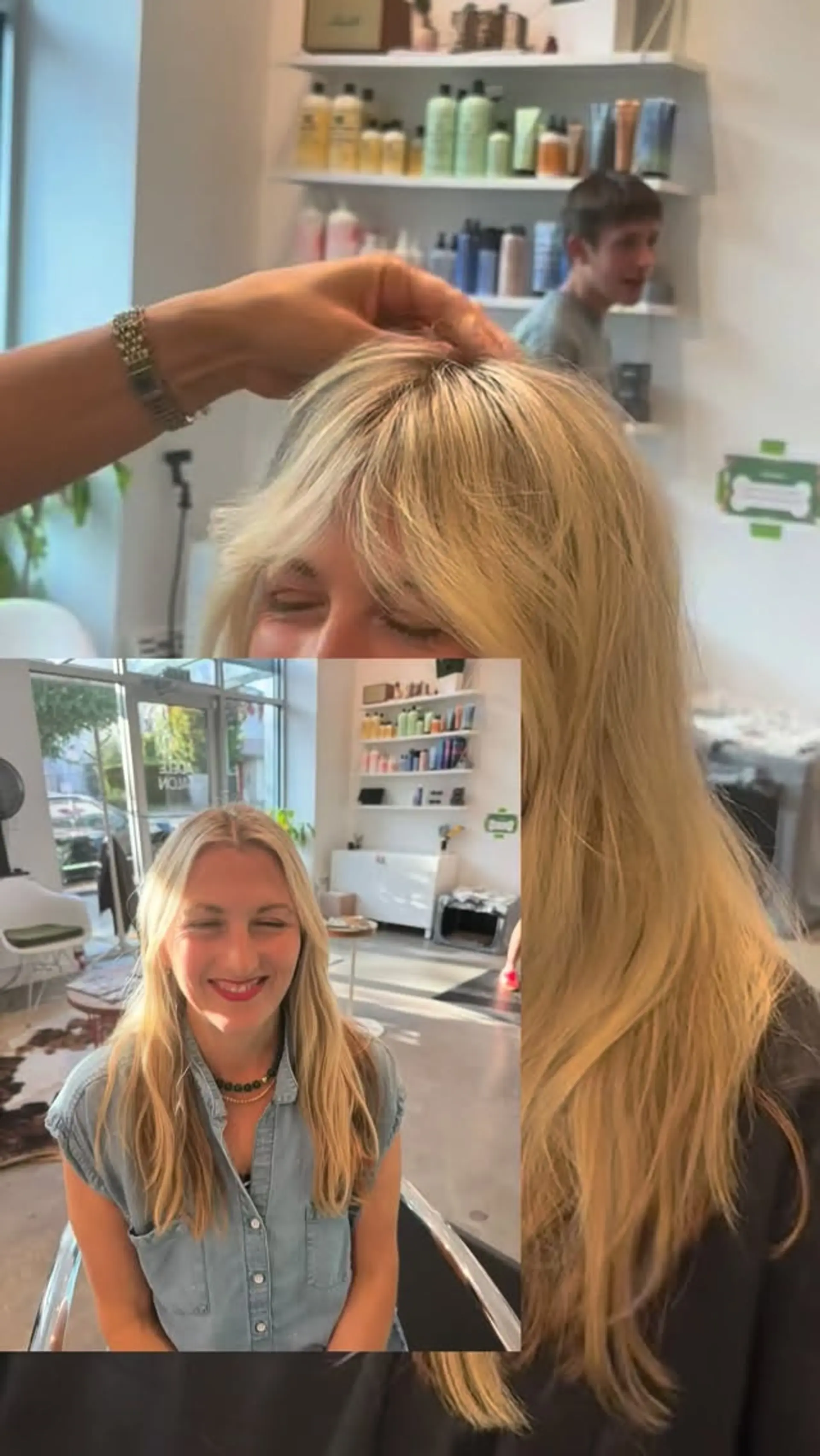 Long layered warm blonde hair featuring soft, face-framing curtain bangs with textured ends. 1