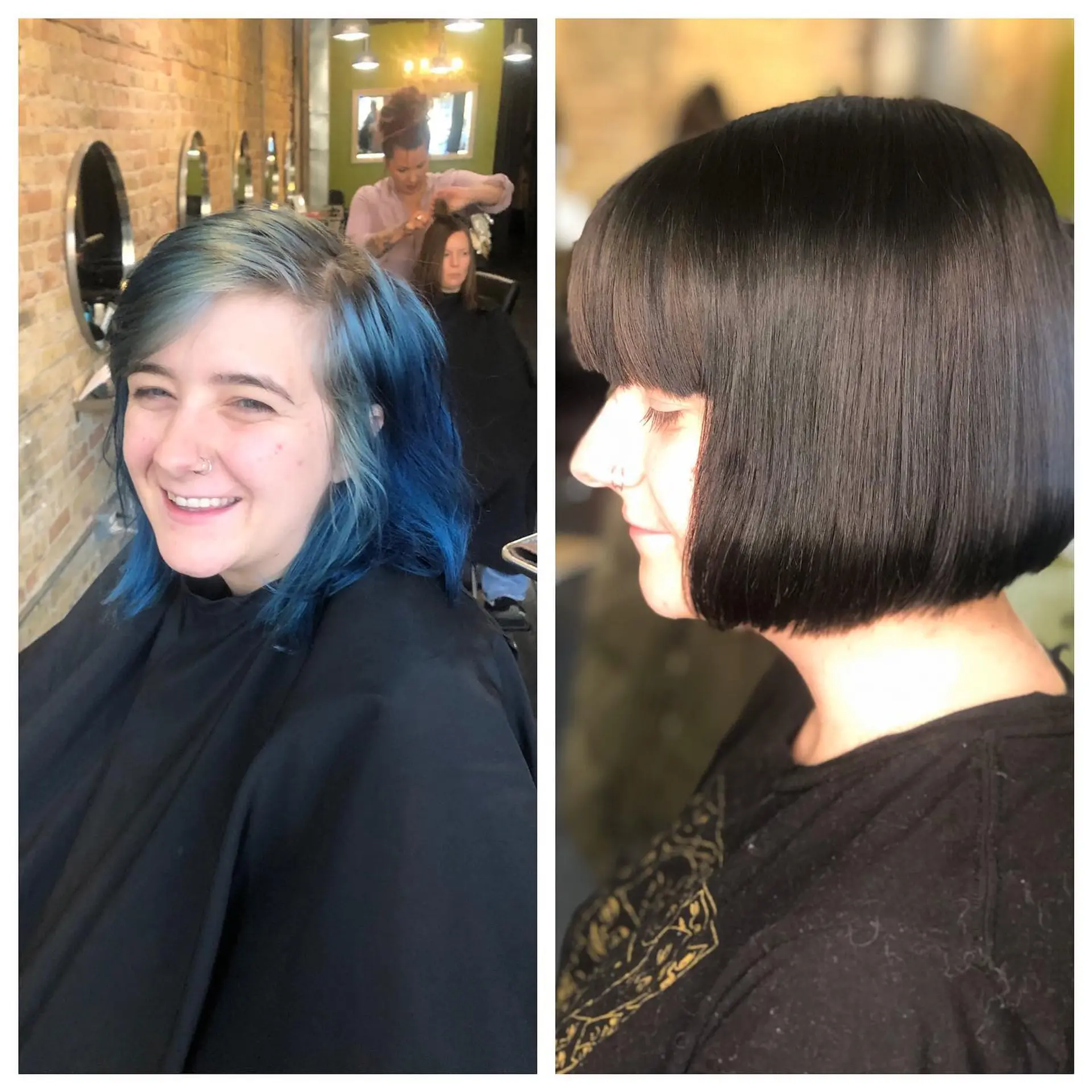 A sleek, chin-length blunt bob in deep chocolate brown with straight-across fringe bangs and a glass-like finish. 1