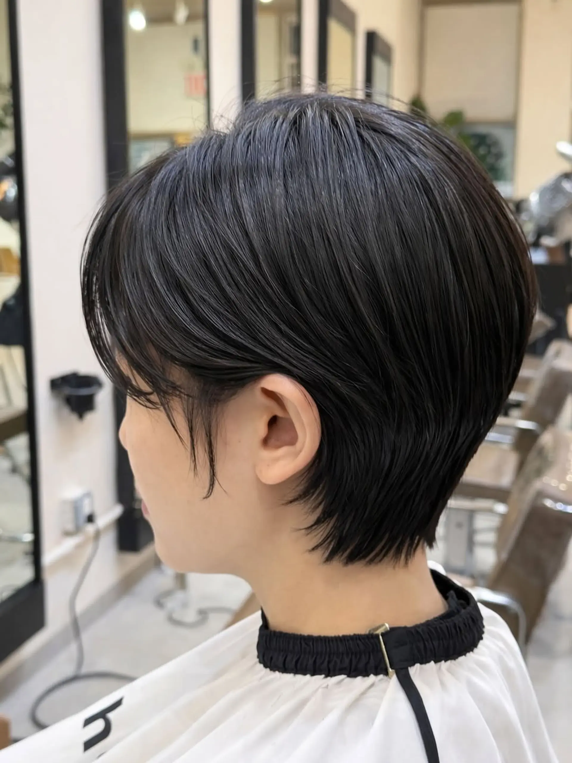 A modern, short pixie cut with soft layers, a tapered nape, and natural, sleek straight texture that frames the face with minimalist elegance. 1