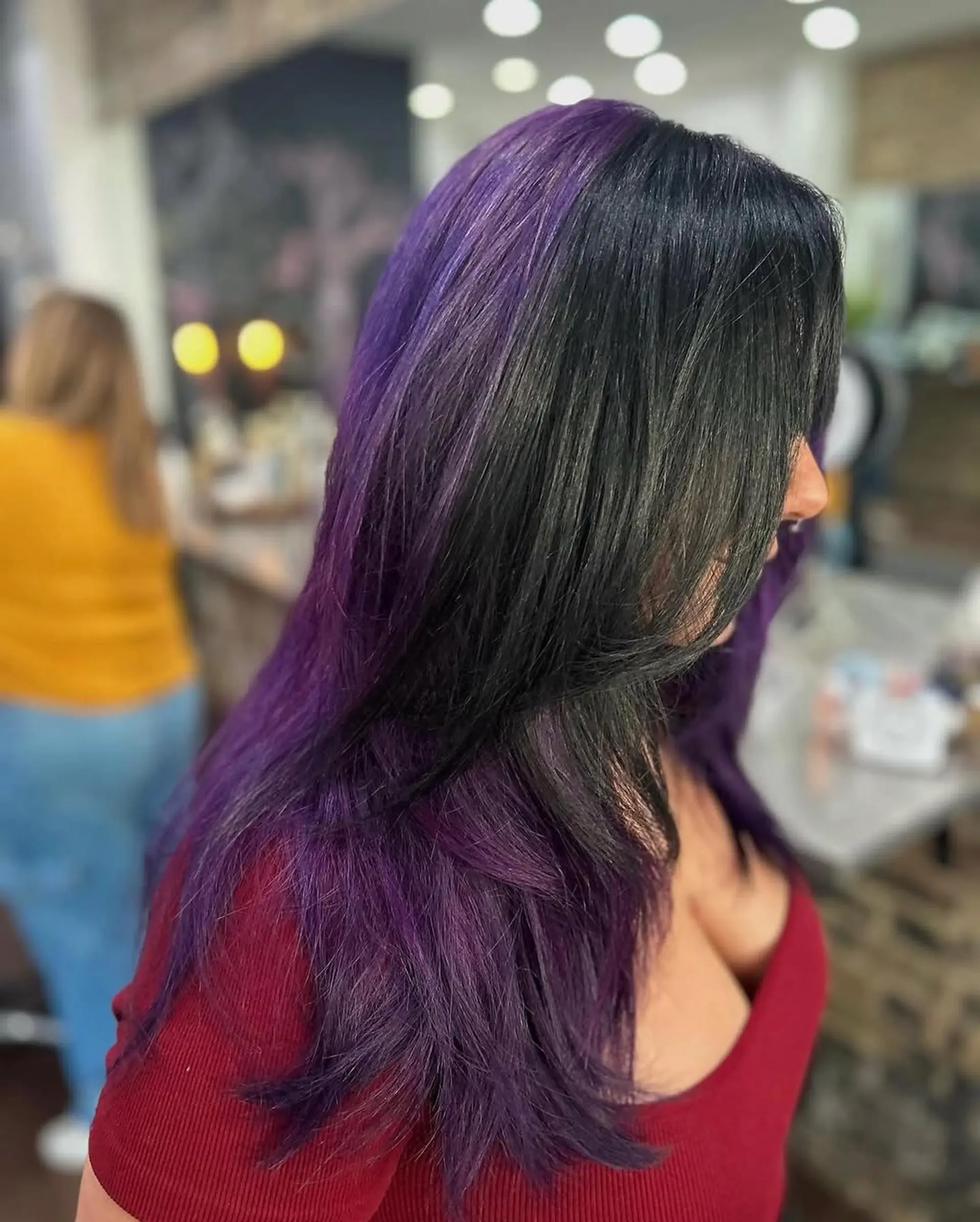 A bold two-tone long hairstyle featuring a vibrant plum purple underlayer beautifully contrasted with a sleek midnight black top layer, styled straight with soft layers. 1