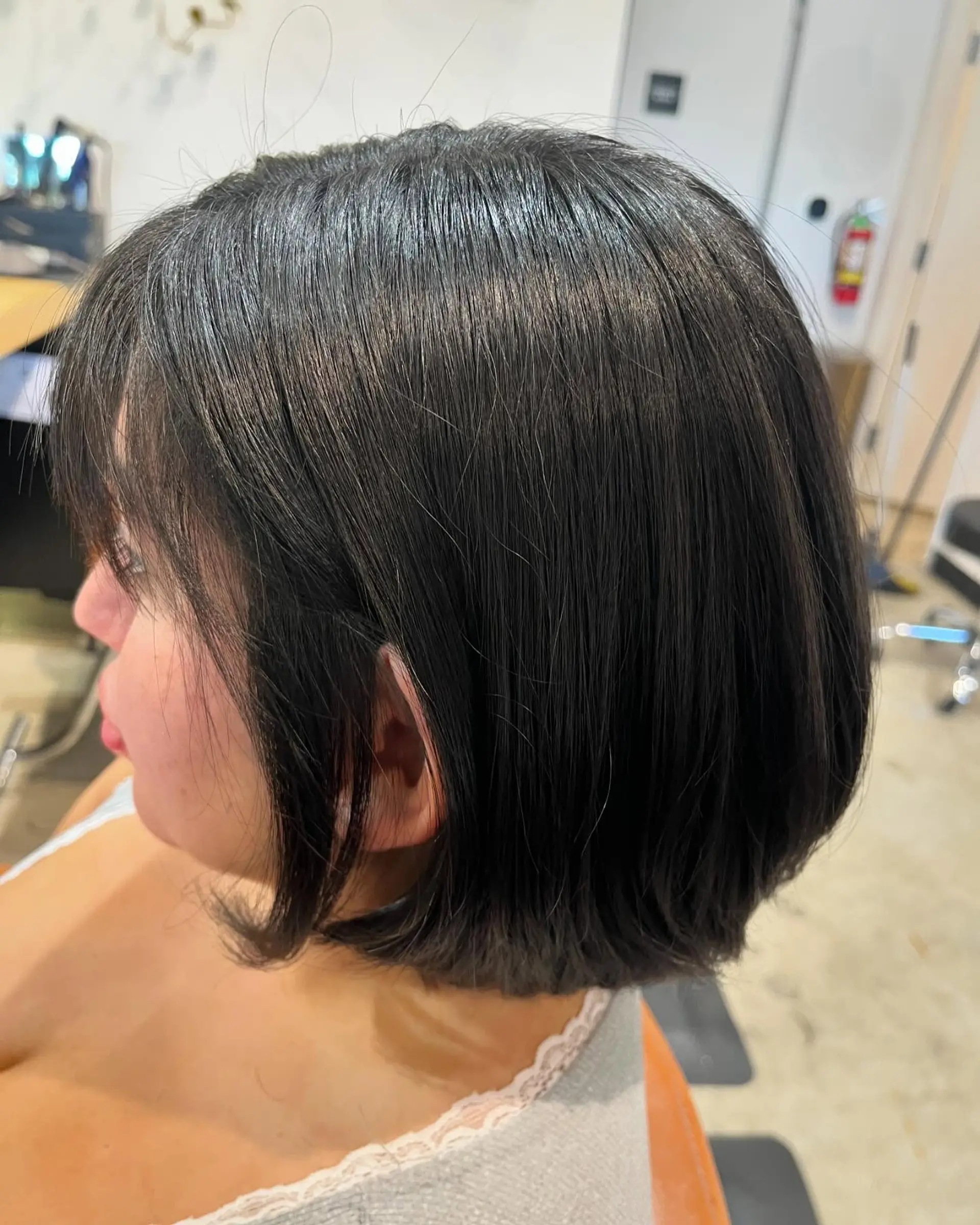 A sleek, chin-length dark brunette bob featuring subtle texture and soft, face-framing fringe. 1