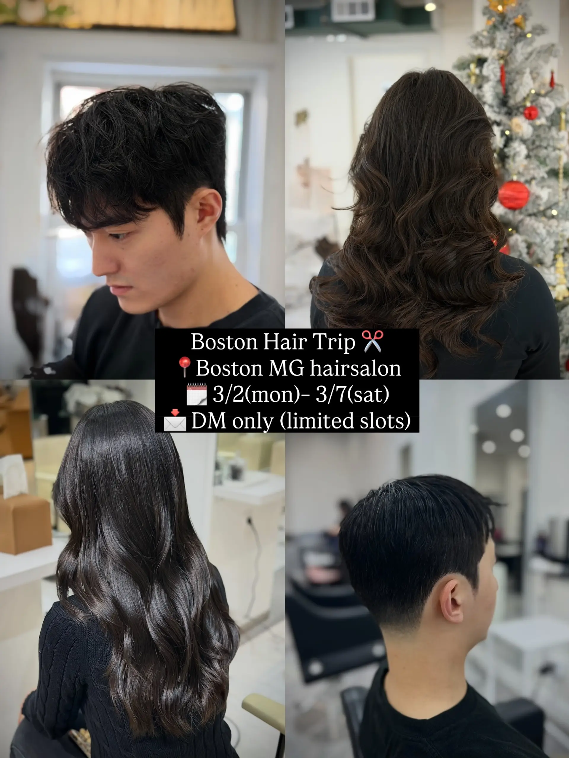A collection of modern hair transformations, featuring textured men's cuts with tapered edges and glossy long women's hair styled in soft, bouncy waves. 1