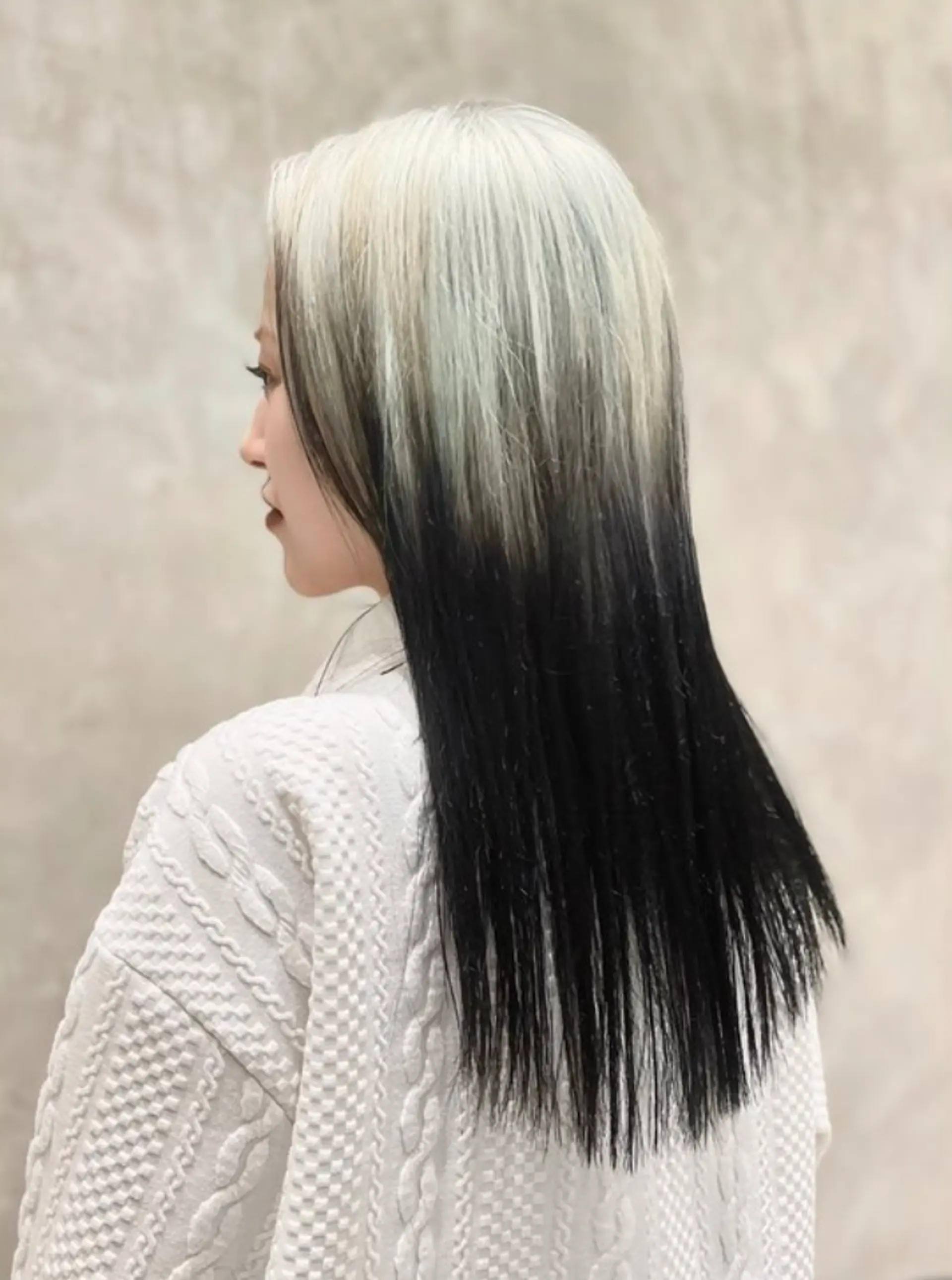 Straight, long hair with a platinum blonde top section transitioning into black towards the ends, parted in the middle with a sleek and smooth texture.

(NonstopStyle: by Hiro) 2