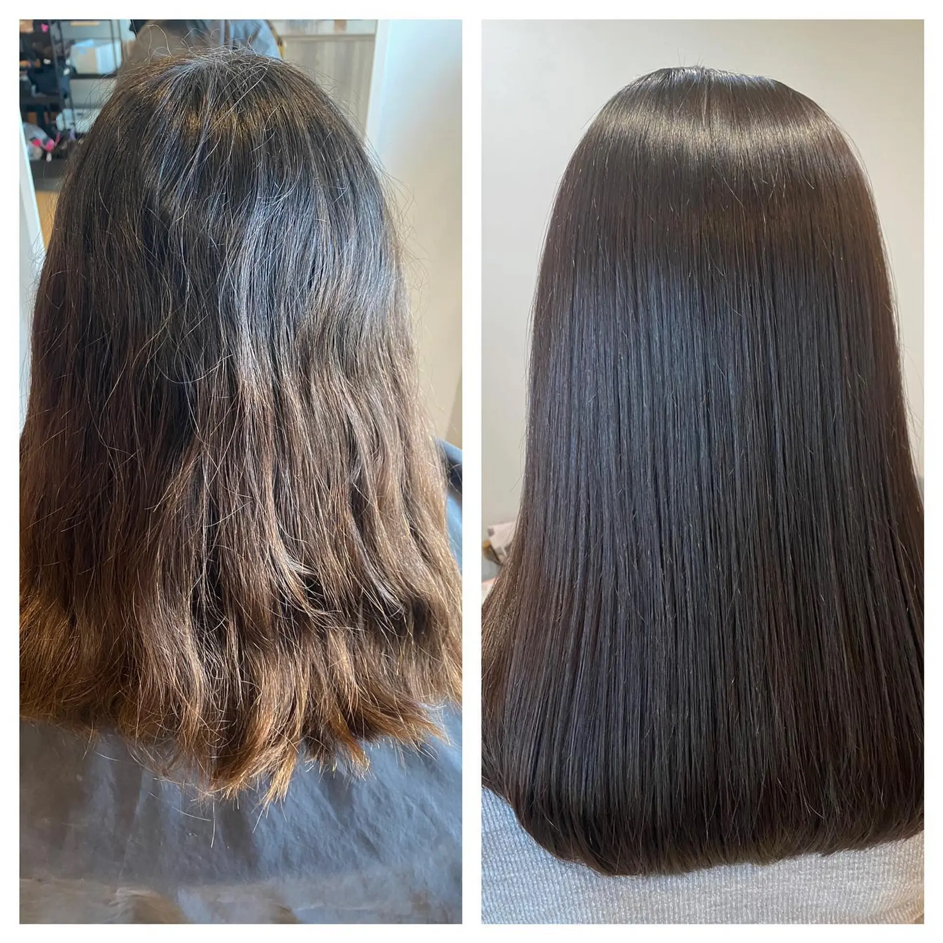 A sleek, high-shine Japanese straight perm transformation on medium-length dark hair. 1