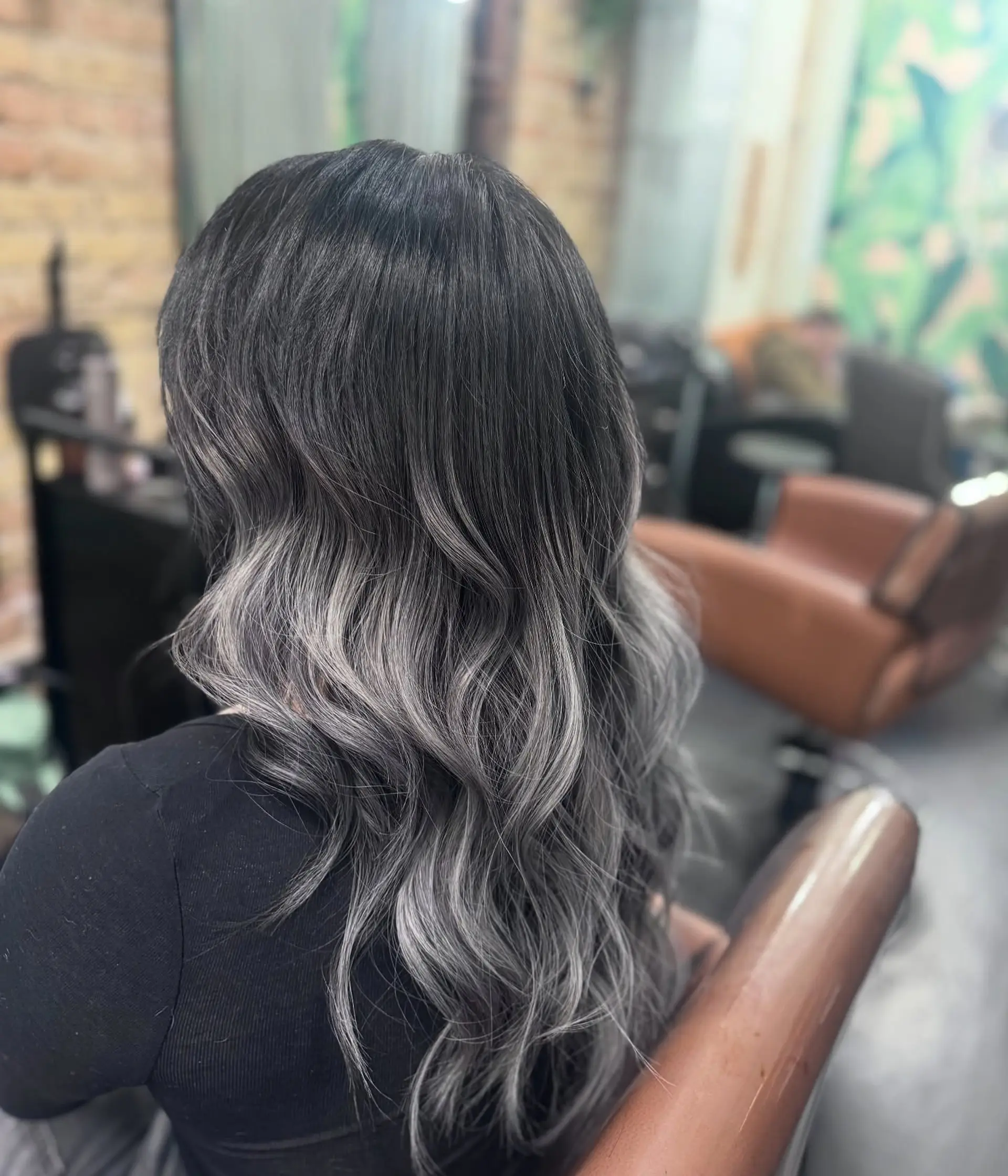 Deep charcoal roots seamlessly blending into cool-toned ash silver lengths styled in soft, cascading waves. 1