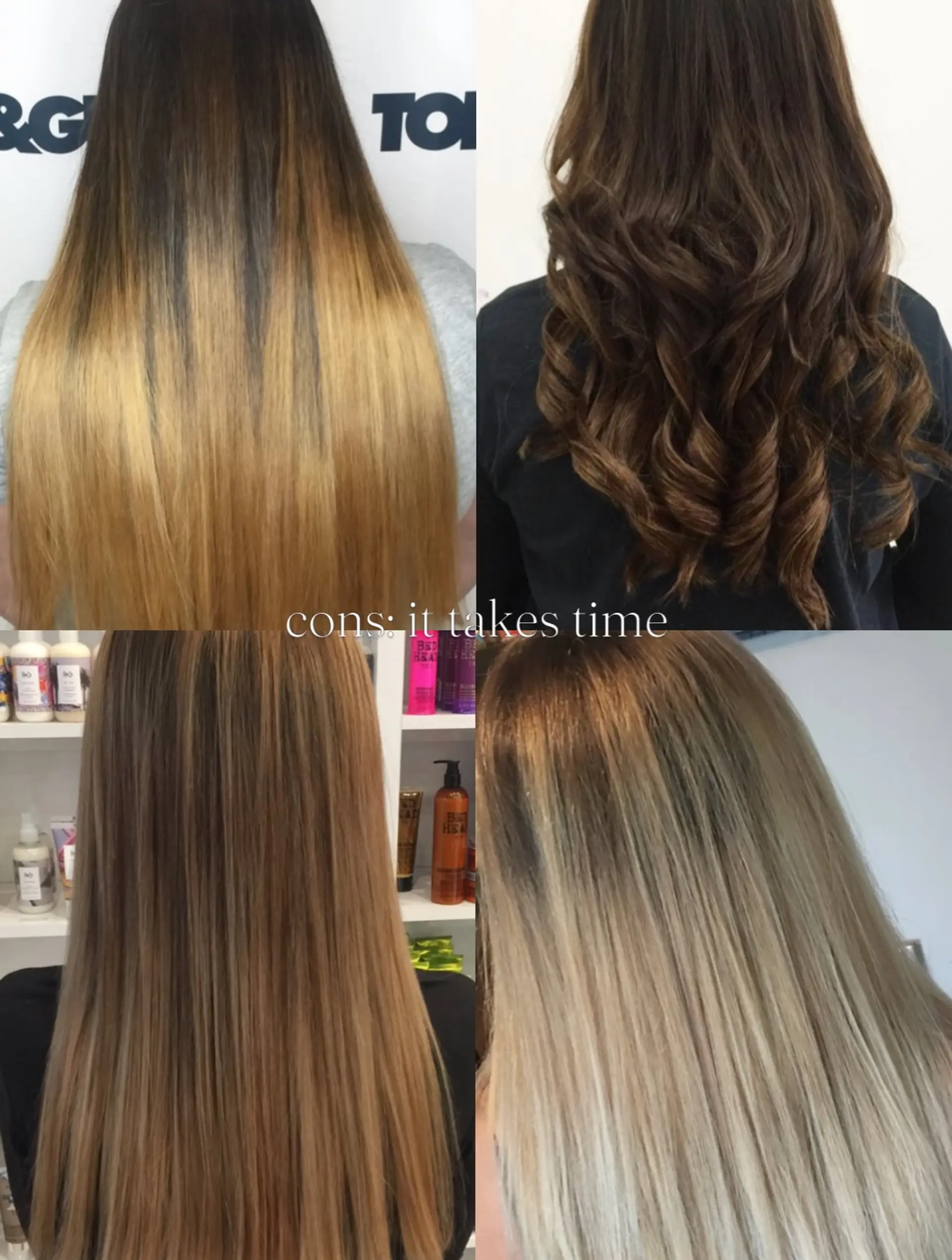 A multi-step hair color transformation progression from warm brassy tones to a cool, seamless blonde balayage. 1