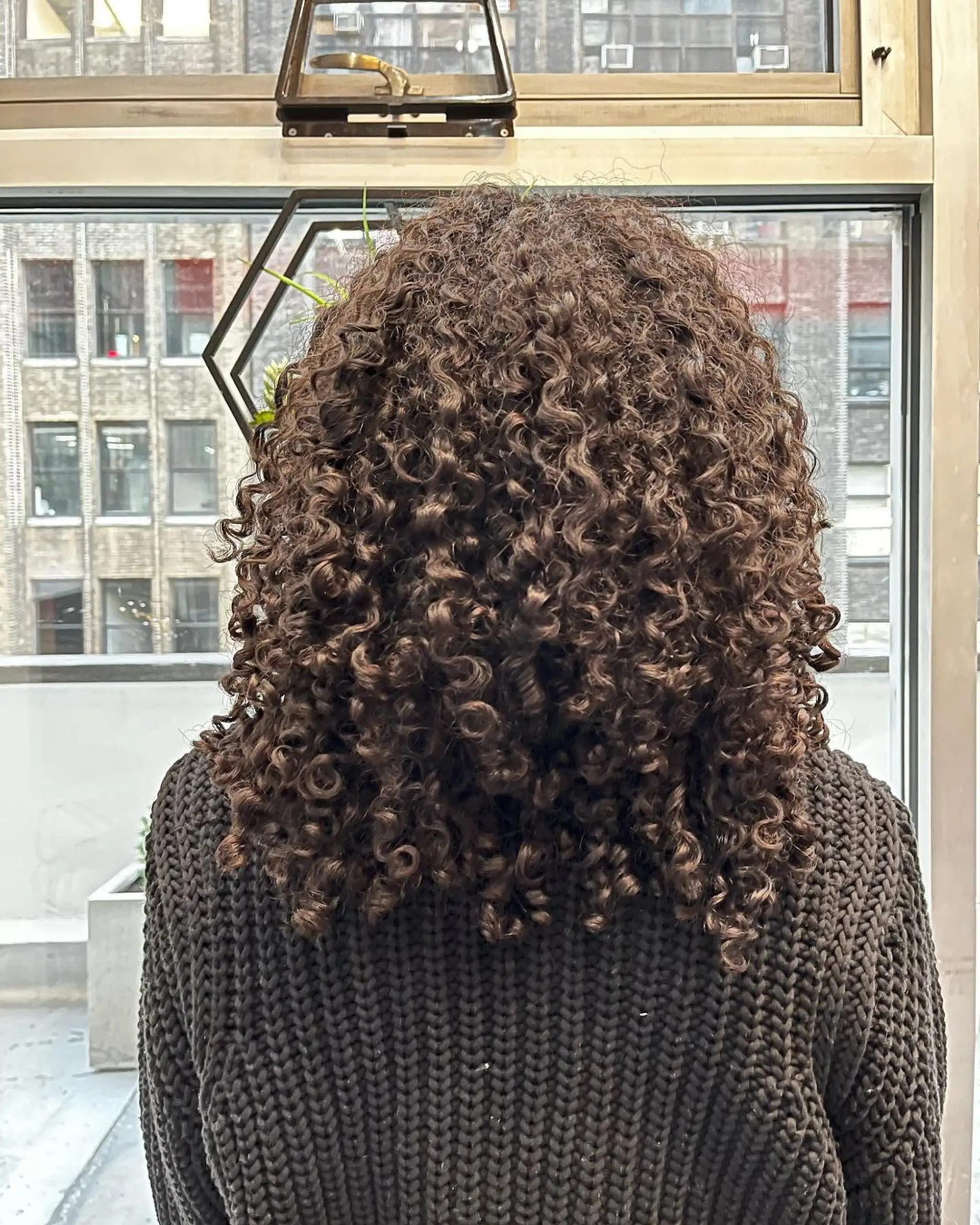 Naturally curly, medium-length black hair with defined and voluminous curls reaching shoulder length, exhibiting healthy shine. 2
