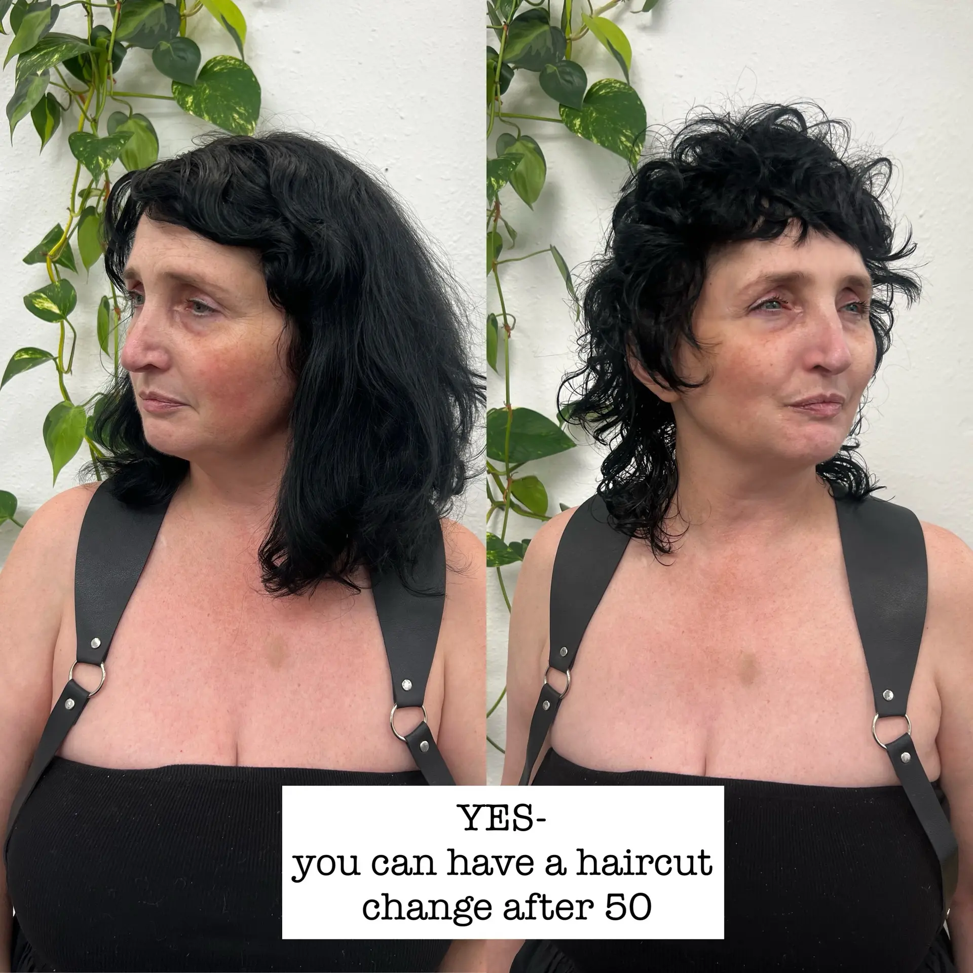 Before and after transformation into a short textured curly shag cut with piecey micro bangs. 1