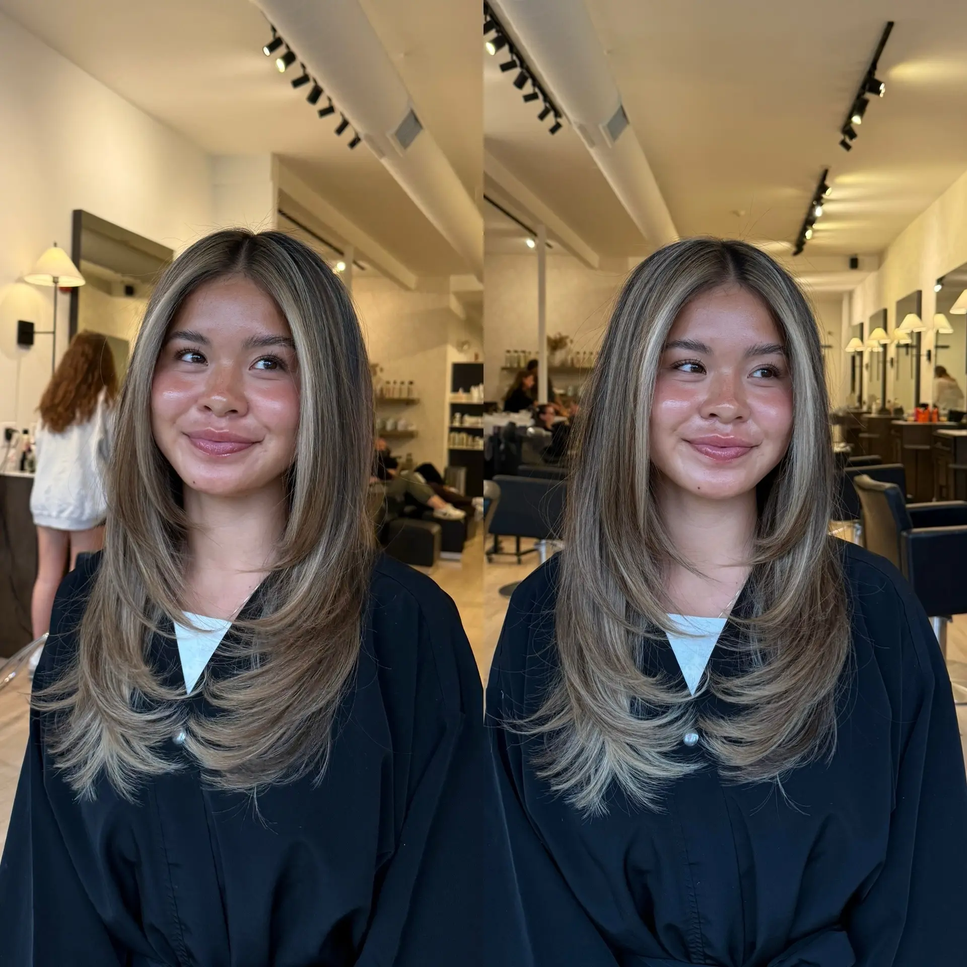 Long ash bronde hair styled with seamless face-framing layers and a smooth, curved blowout. 1