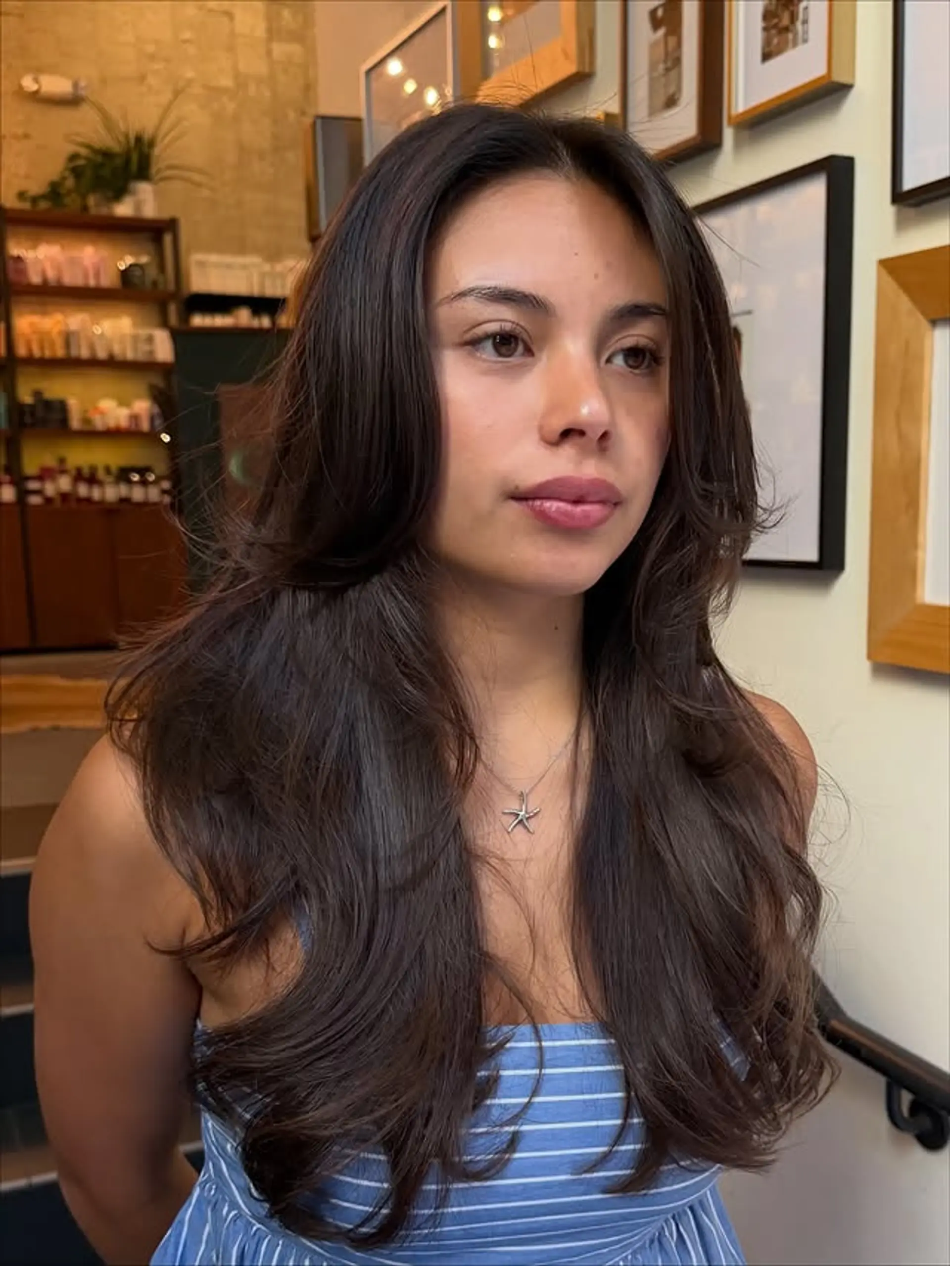 A long, layered hairstyle with face-framing layers and a voluminous blowout. 1