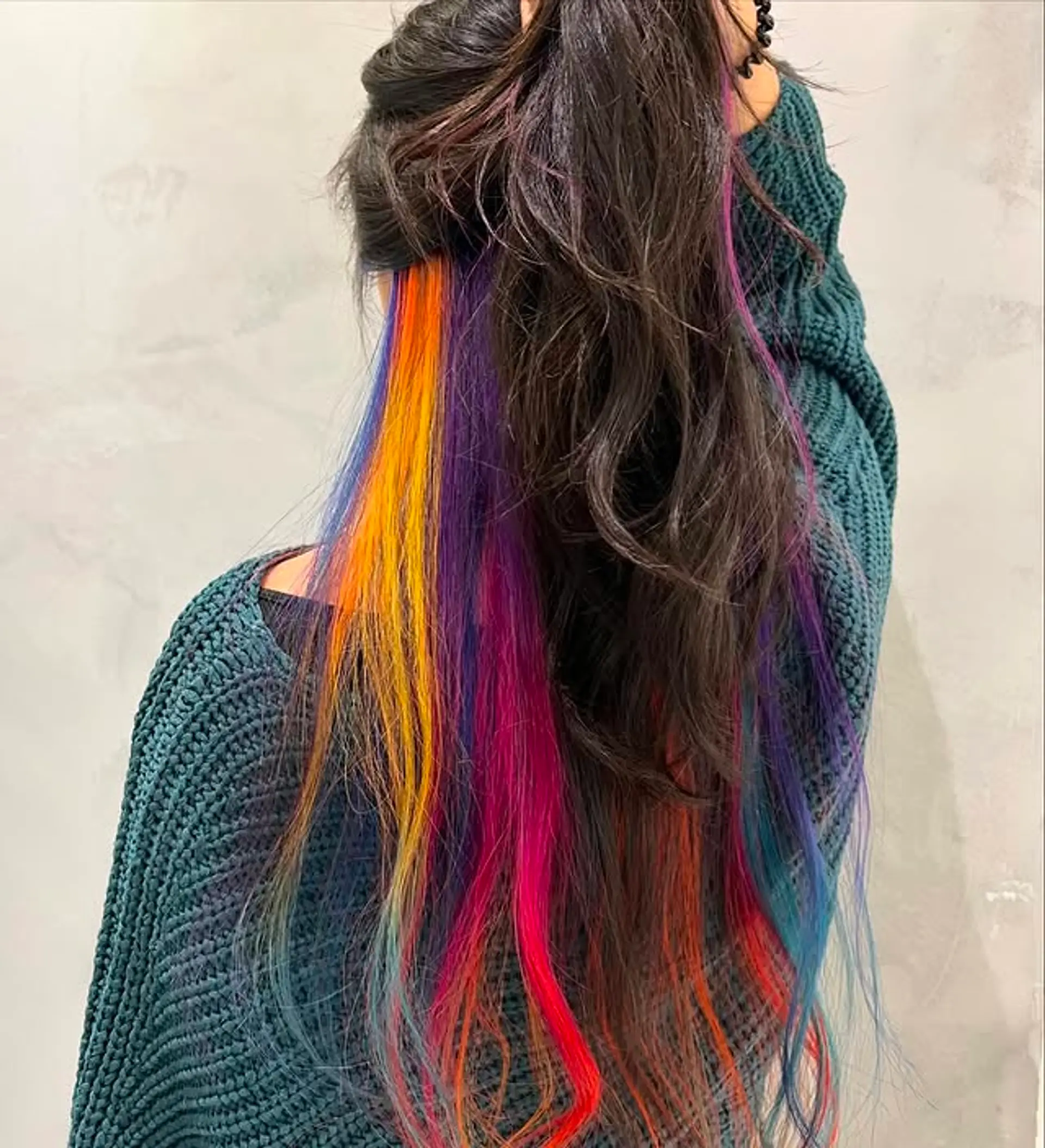 Long brunette hair with hidden rainbow highlights. 1