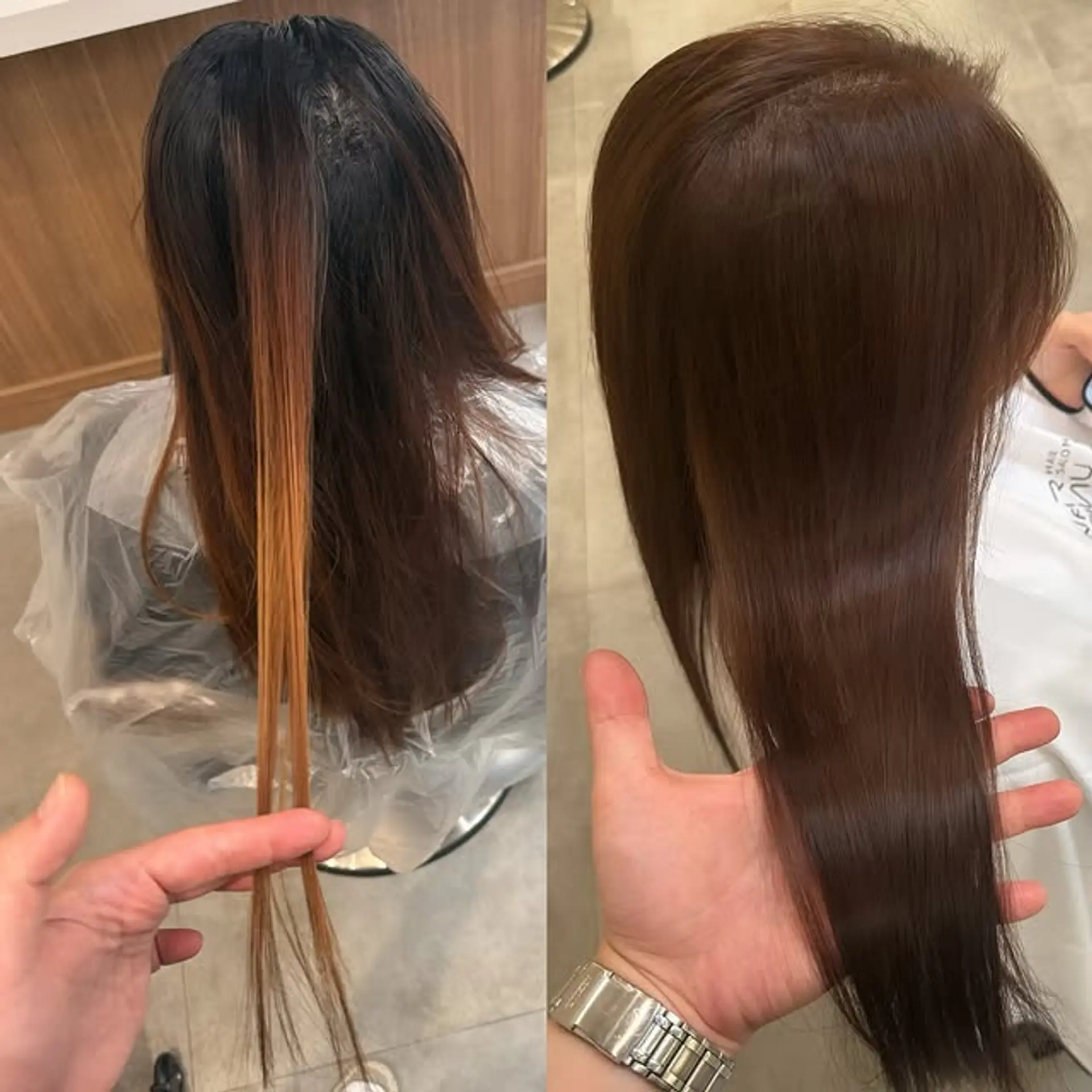 A long, straight hairstyle with a smooth, glossy finish. 1