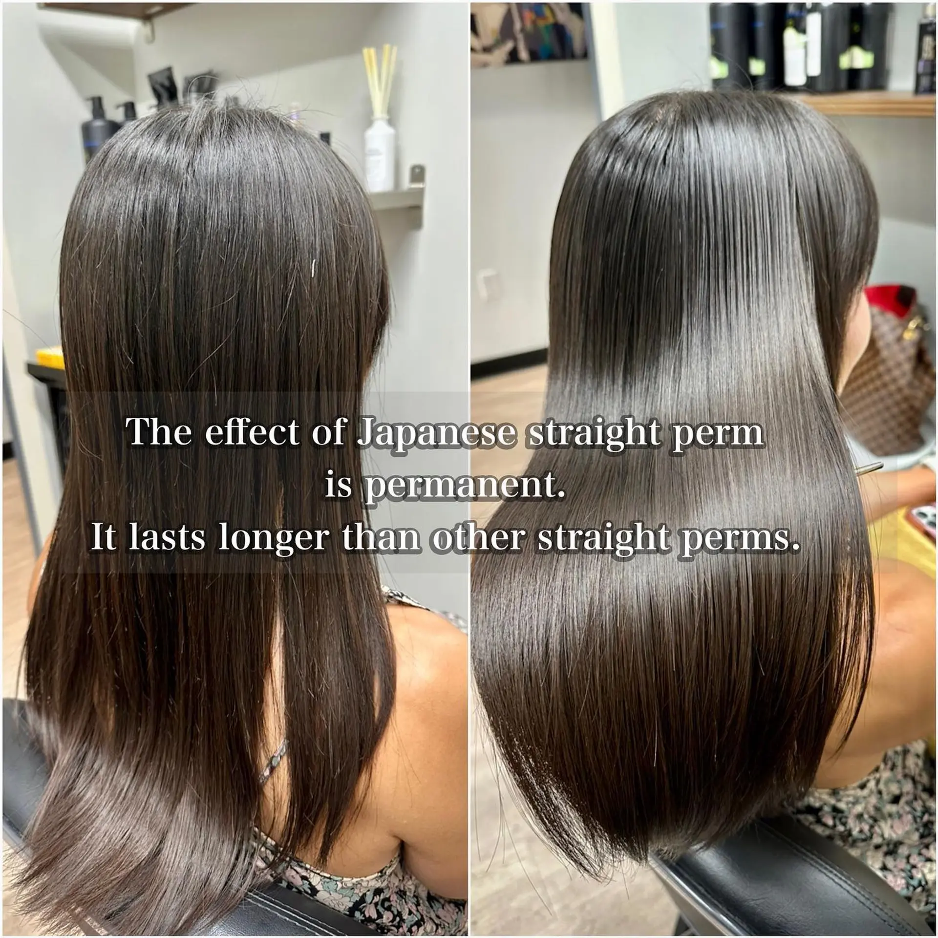Ultra-sleek and glassy straight long hair achieved through a Japanese straight perm. 1