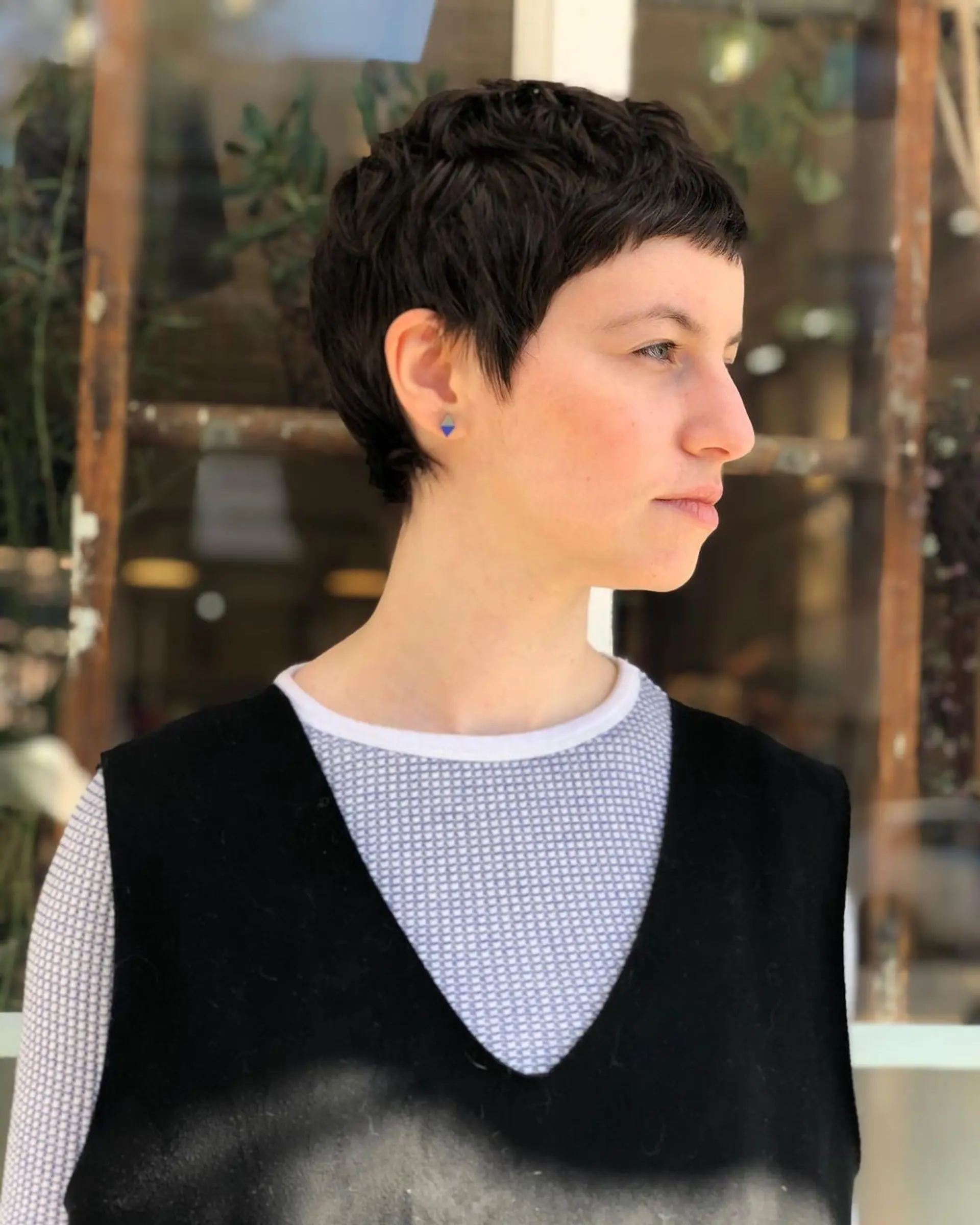 Short, dark brown pixie cut with short layers, textured ends, and a cropped fringe. 3