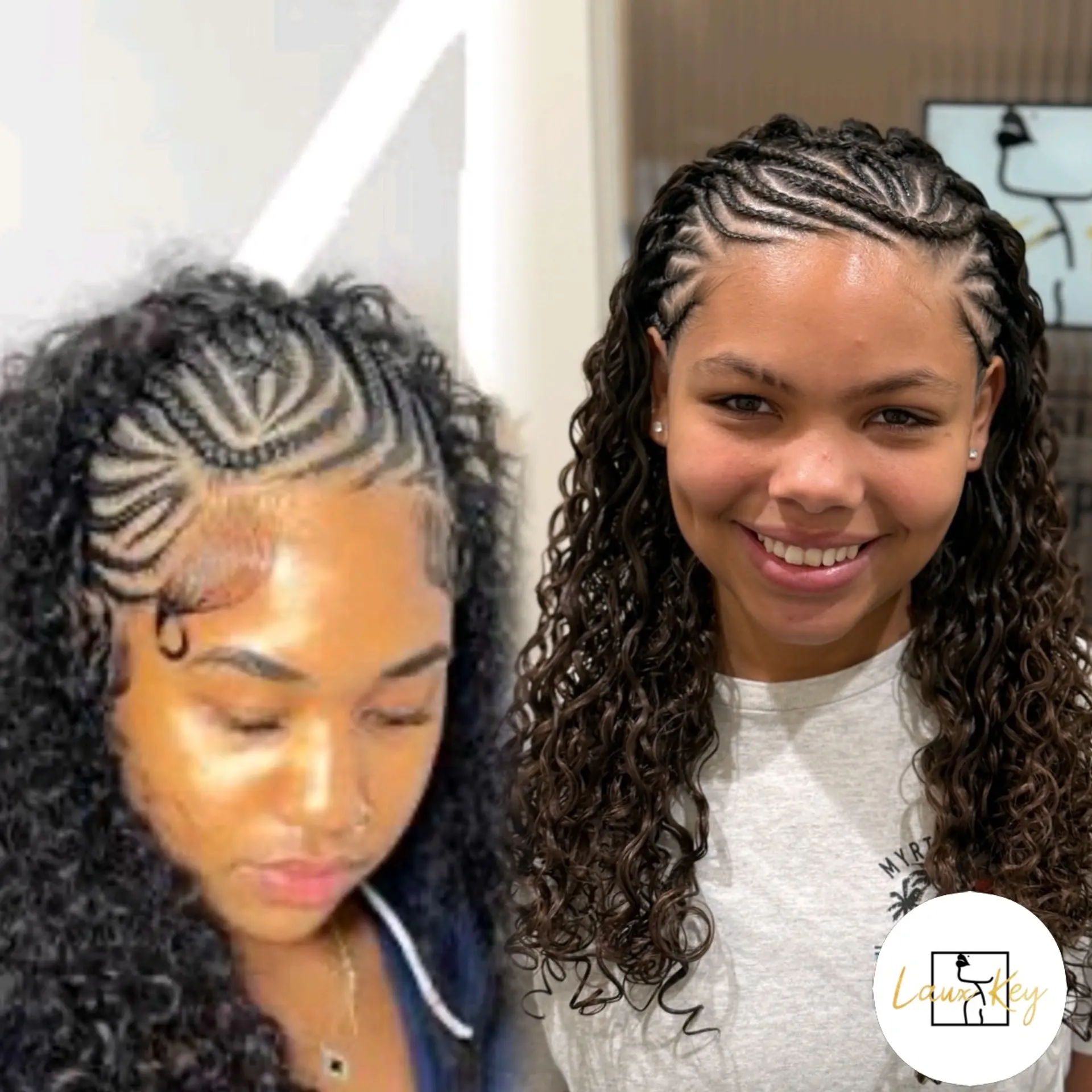 A protective style featuring intricate front cornrows transitioning seamlessly into defined, voluminous natural curls. 1