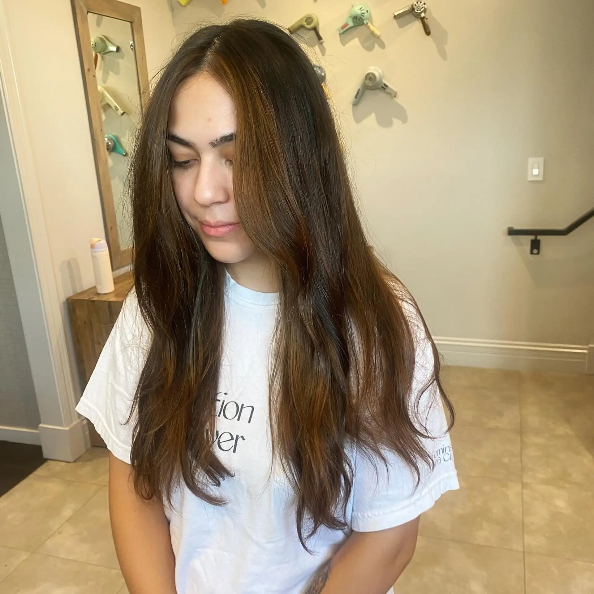 Long, straight hair with layers. 2