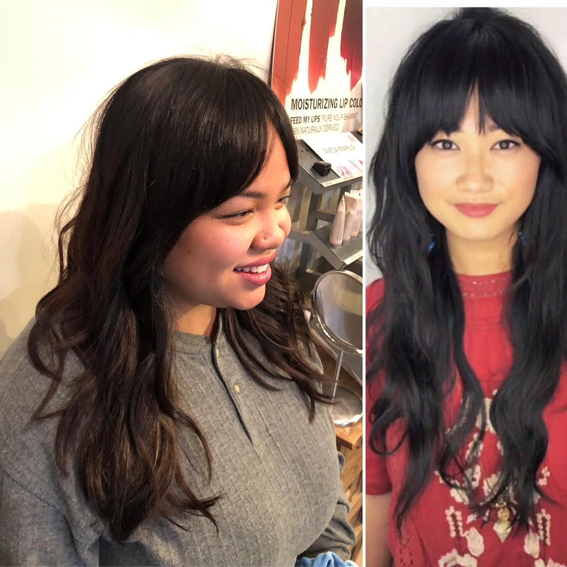 Long, naturally textured dark hair styled with soft curtain bangs and subtle waves. 1
