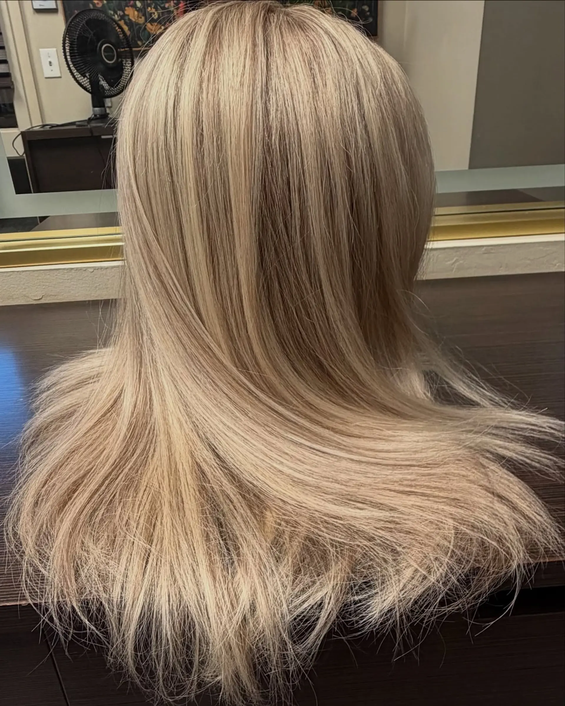 Straight, silky blonde hair featuring rich dimensional highlights and lowlights throughout. 1