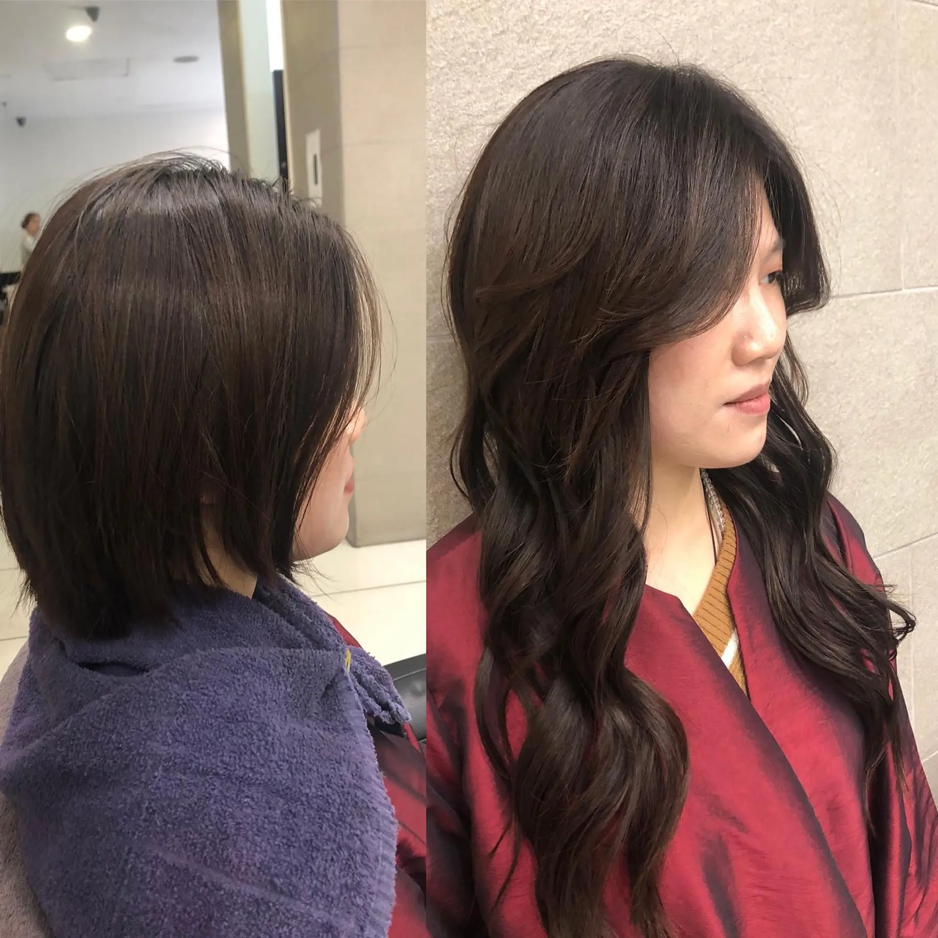 Long dark brown hair extensions styled with soft, loose waves and face-framing curtain layers, displayed in a before-and-after transformation. 1