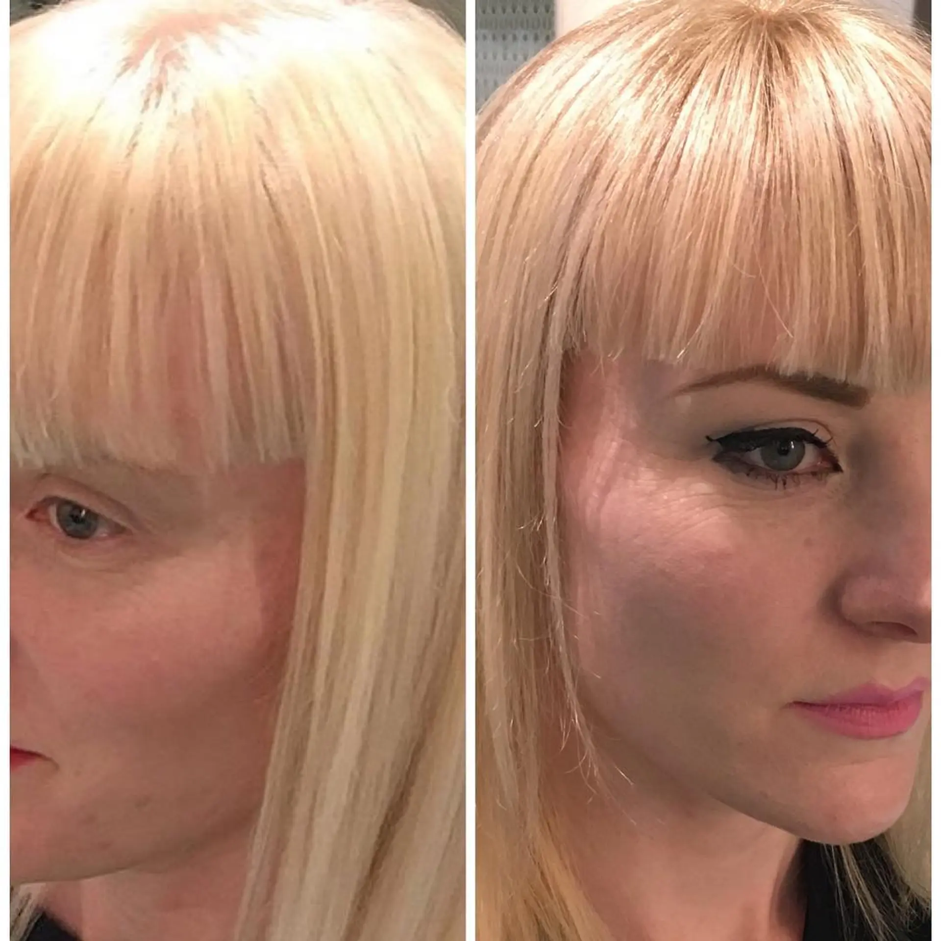 Straight medium-length dimensional blonde hair cut with classic blunt bangs. 1