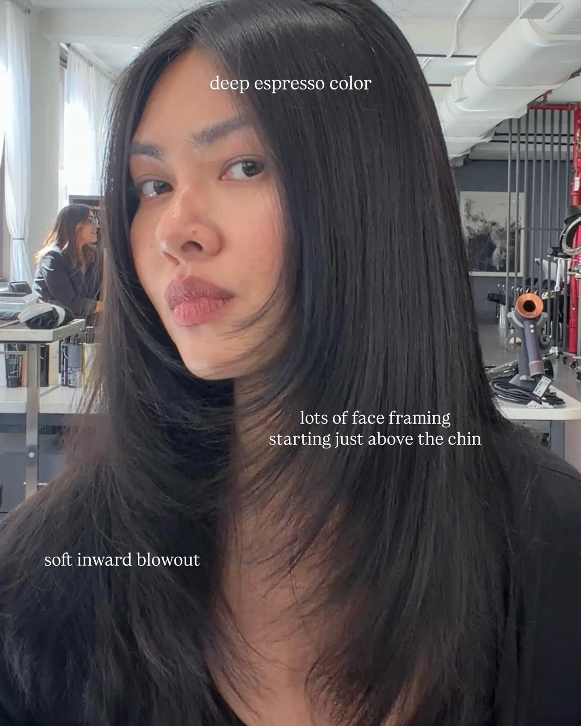 A long, deep espresso haircut styled with soft inward-curling face-framing layers starting above the chin. 1