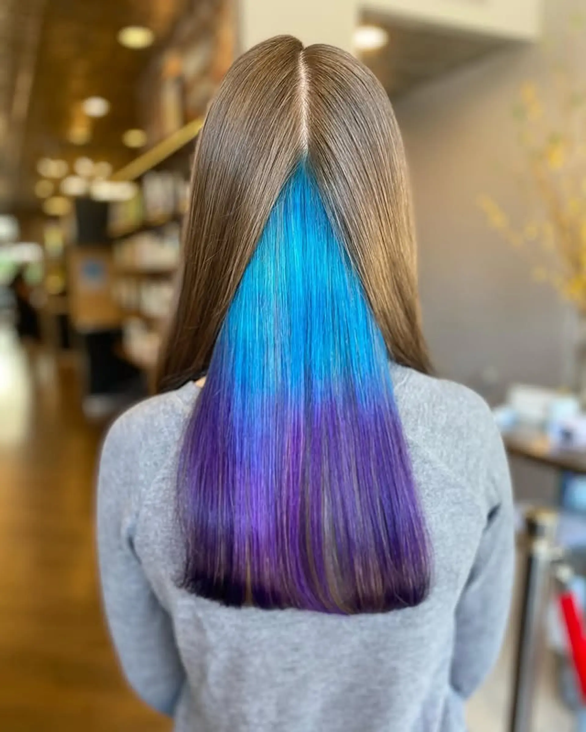 Long, straight hair with a hidden rainbow color underneath. 1