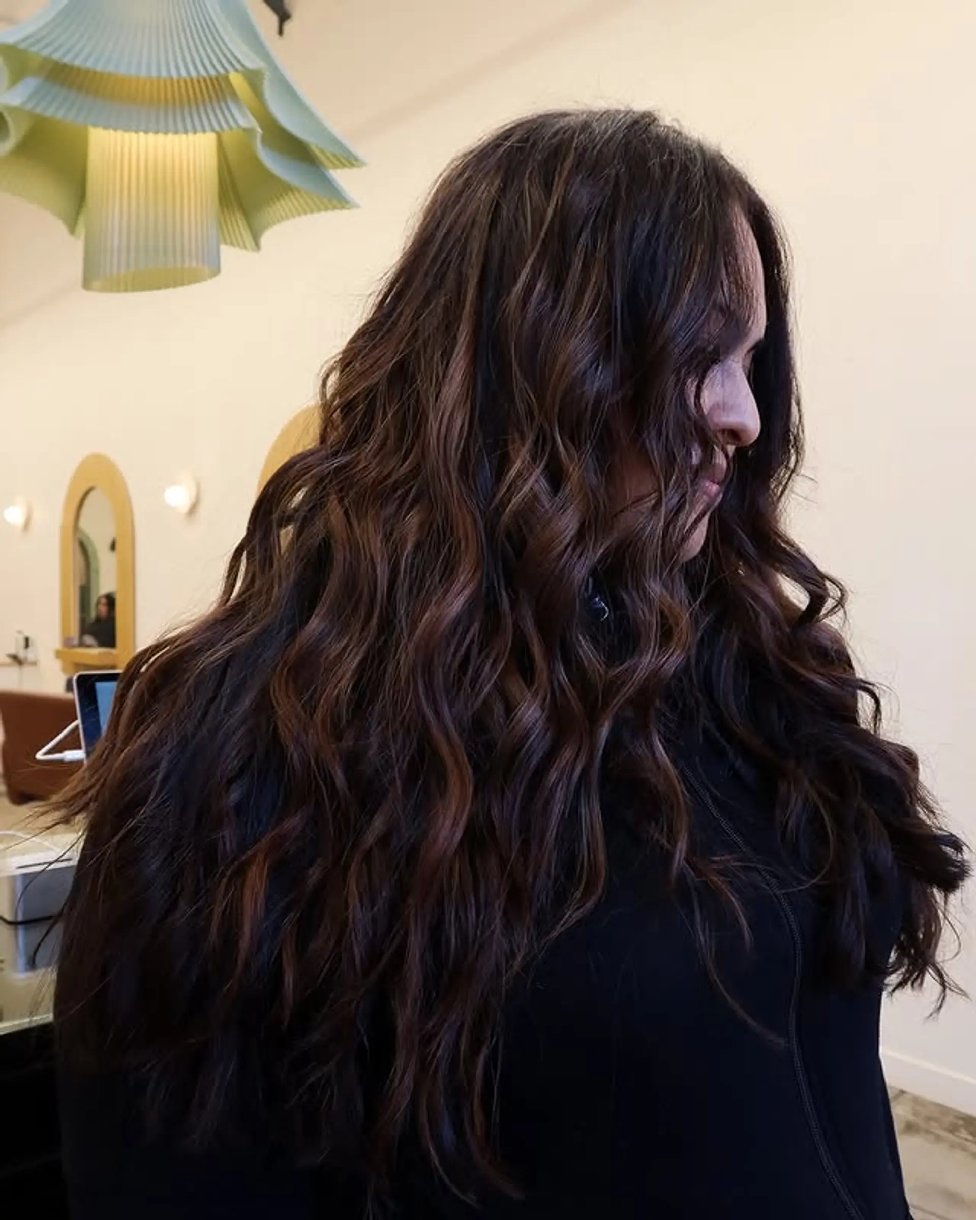 Long, voluminous waves with a chocolate bronde balayage. 1