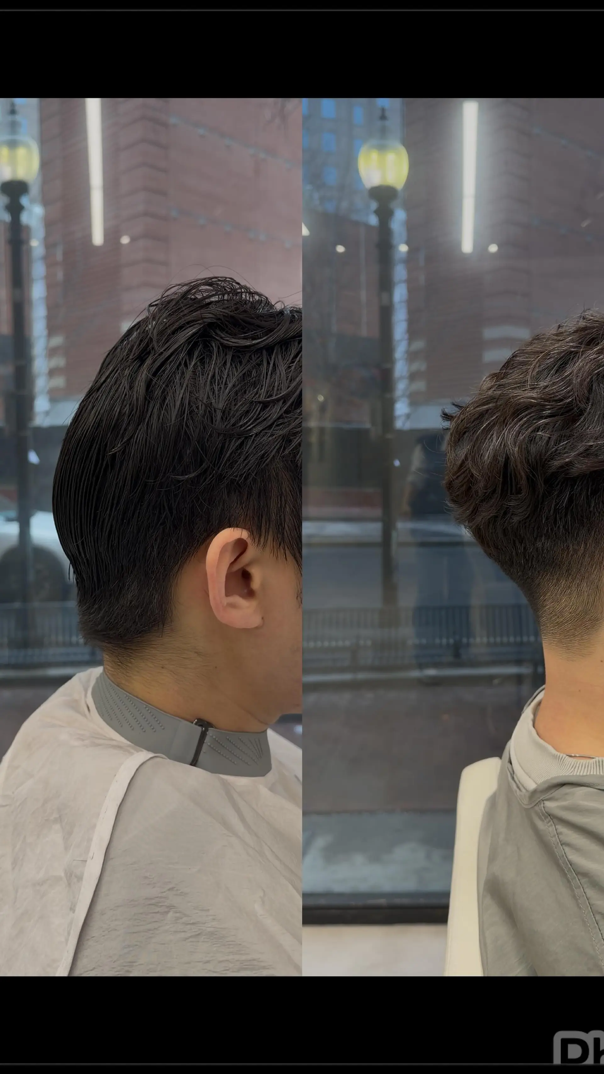 A men's before-and-after hairstyle featuring a short textured perm with soft waves on top and a clean, tapered neckline. 1