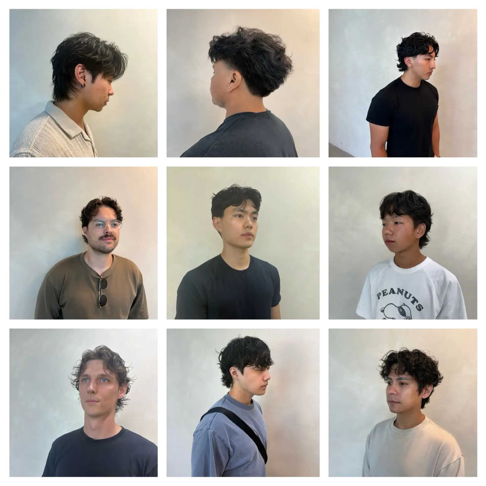 A 3x3 collage highlighting various men's textured perm hairstyles with soft wavy definition and volume. 1
