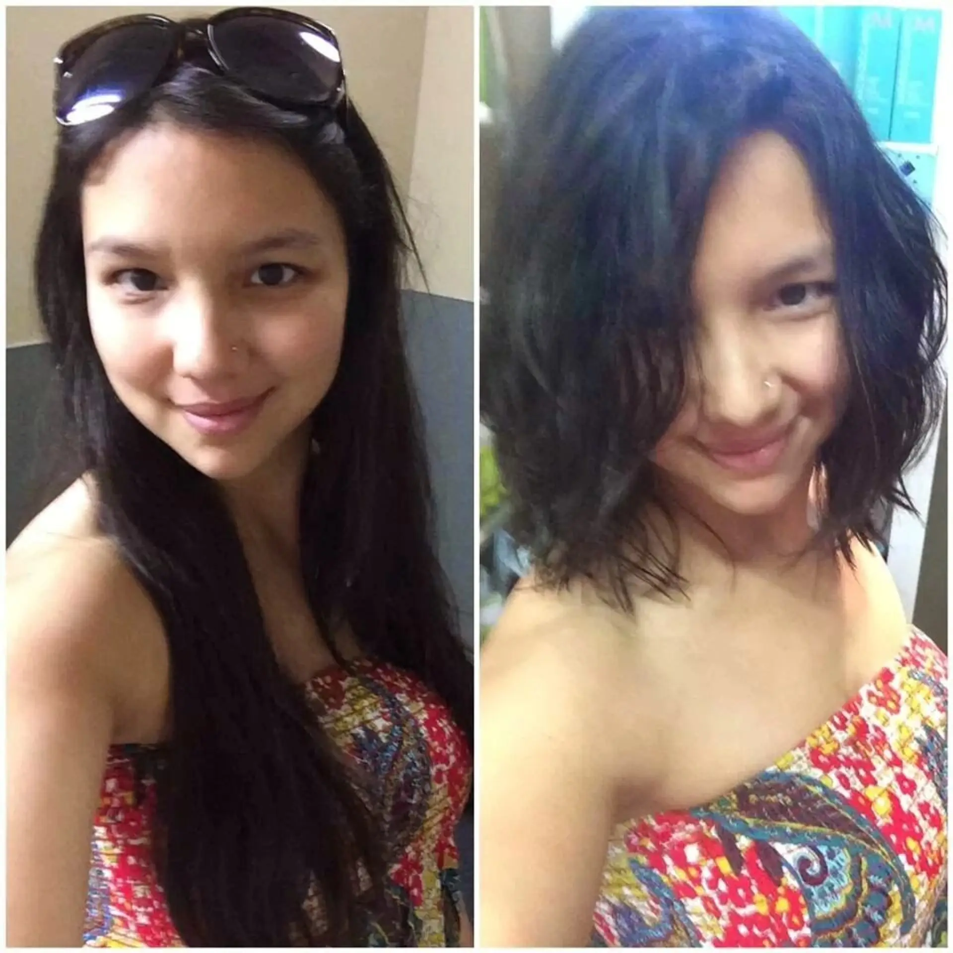 A dramatic before-and-after haircut transformation taking long, dark hair into a shoulder-length textured bob with tousled waves and face-framing pieces. 1