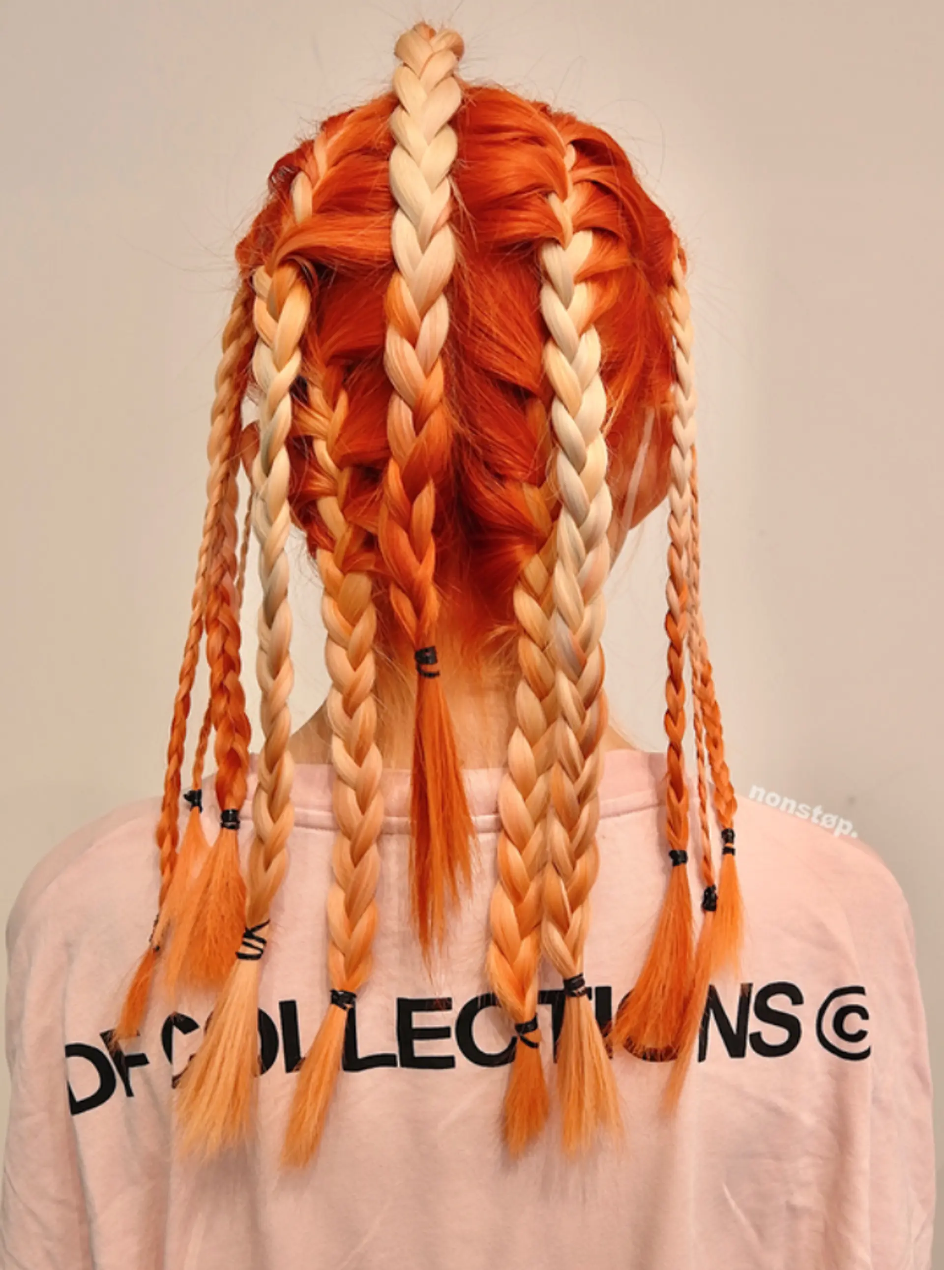 Long, straight hair with vibrant orange roots fading into a light blonde towards the tips, parted in the middle with sleek, symmetrical locks.
(NonstopStyle: by Vincent) 2
