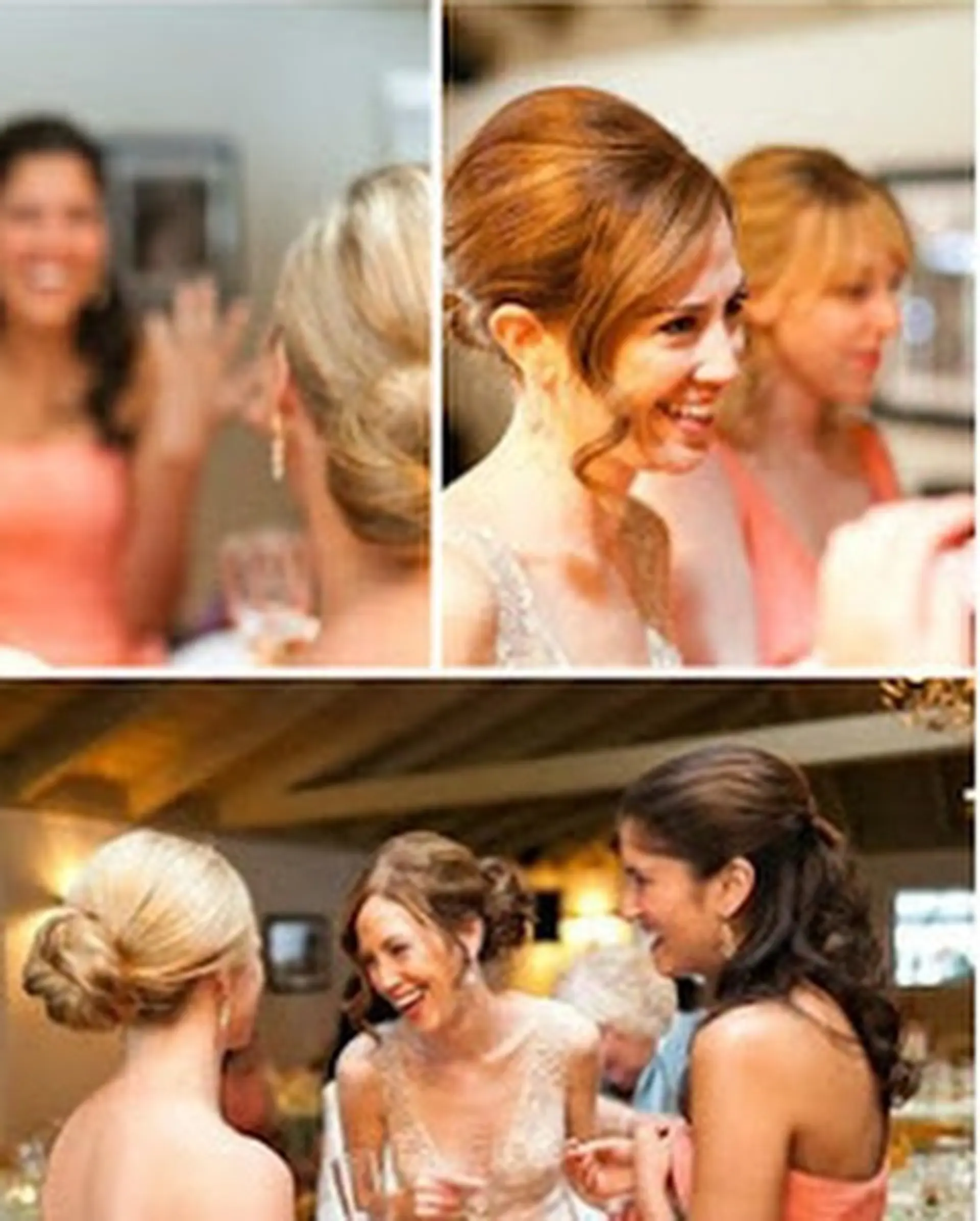 Elegant wedding party hairstyles featuring textured low buns, chignons, and soft side-swept tendrils. 1
