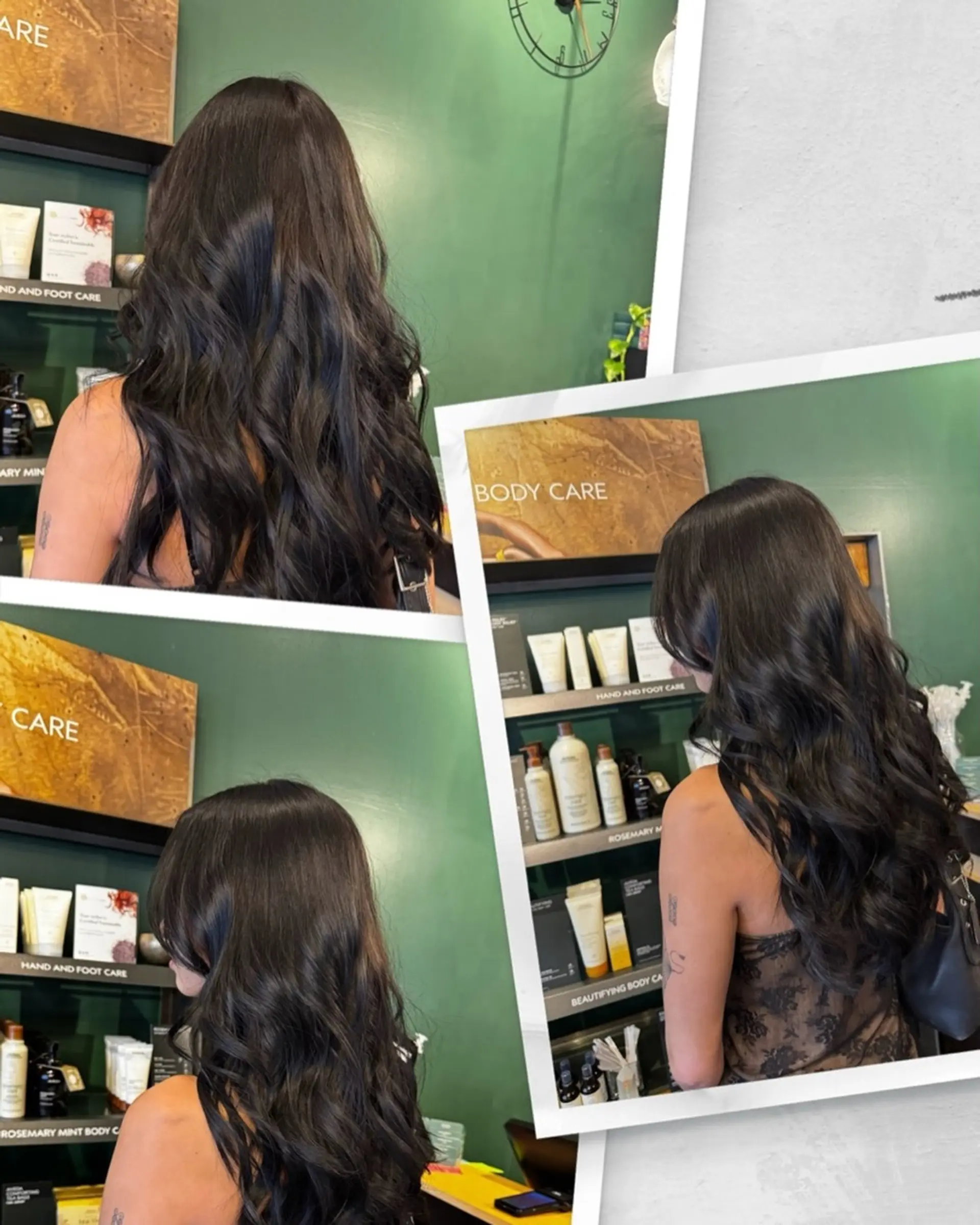 A long, rich dark espresso haircut styled with soft, voluminous polished waves. 1