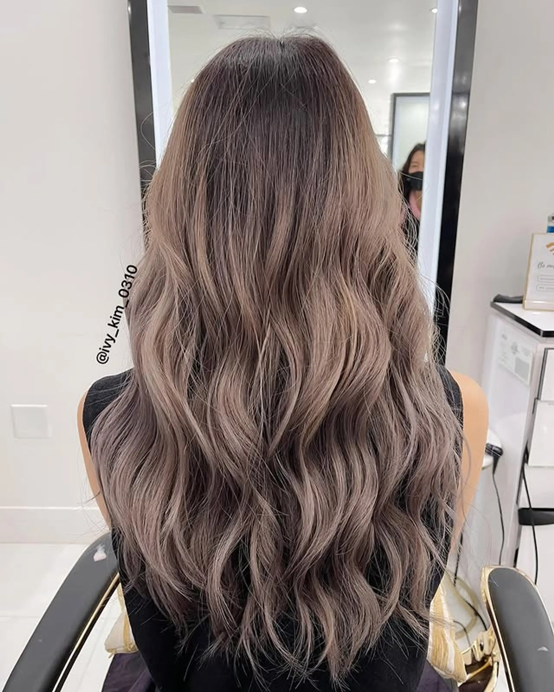 Long wavy hair with mushroom brown and ash brown balayage. 1