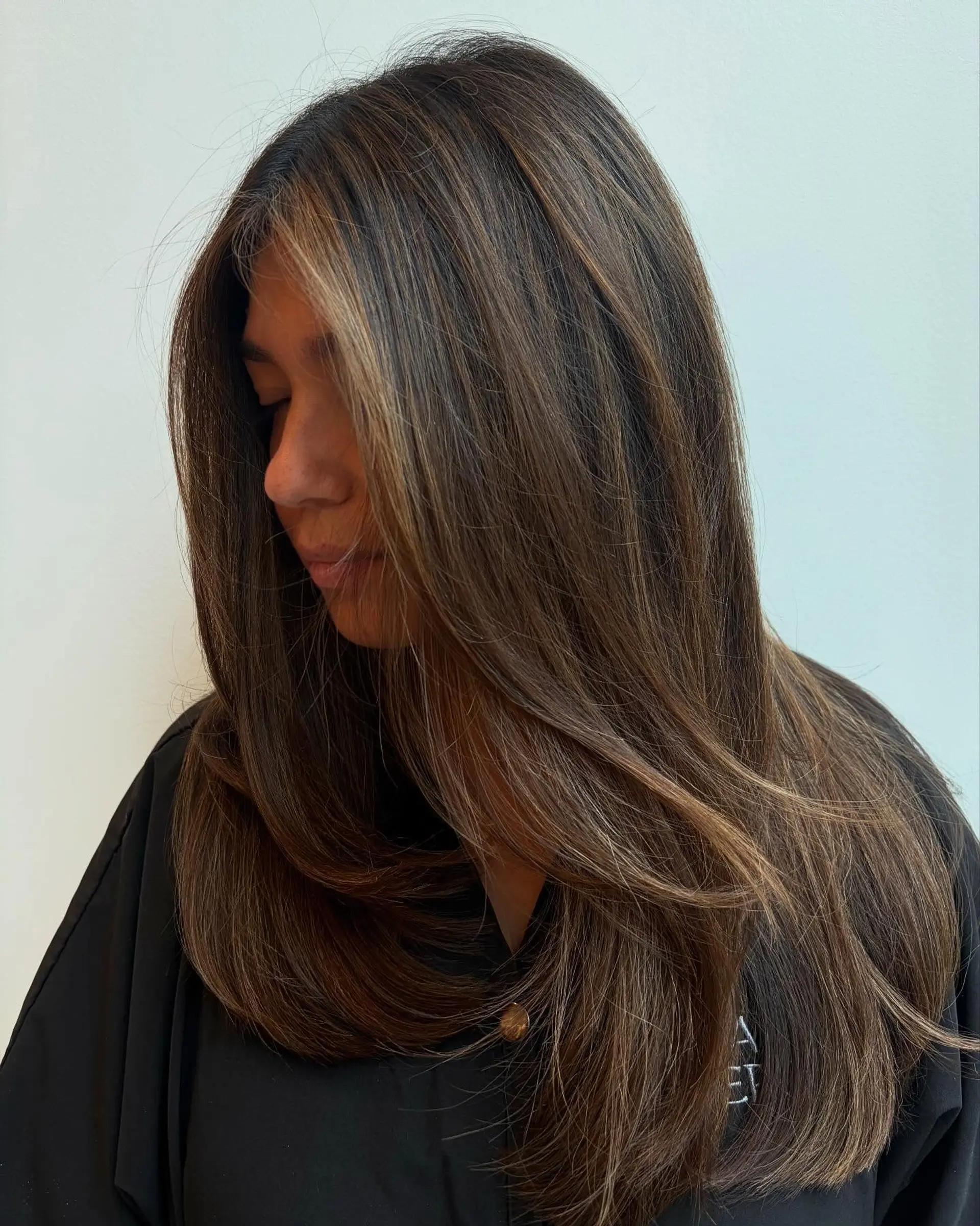 Long dark brown hair with soft caramel balayage highlights, cut with face-framing layers and styled in a smooth, polished blowout. 1