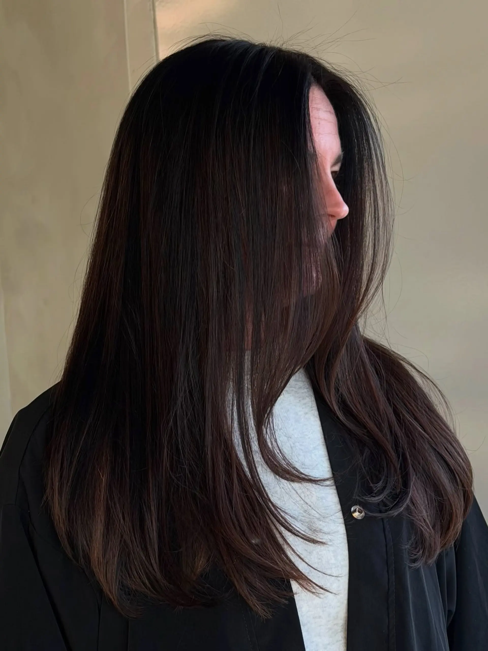 Long, glossy dark brown hair styled smooth and straight with soft face-framing layers. 1