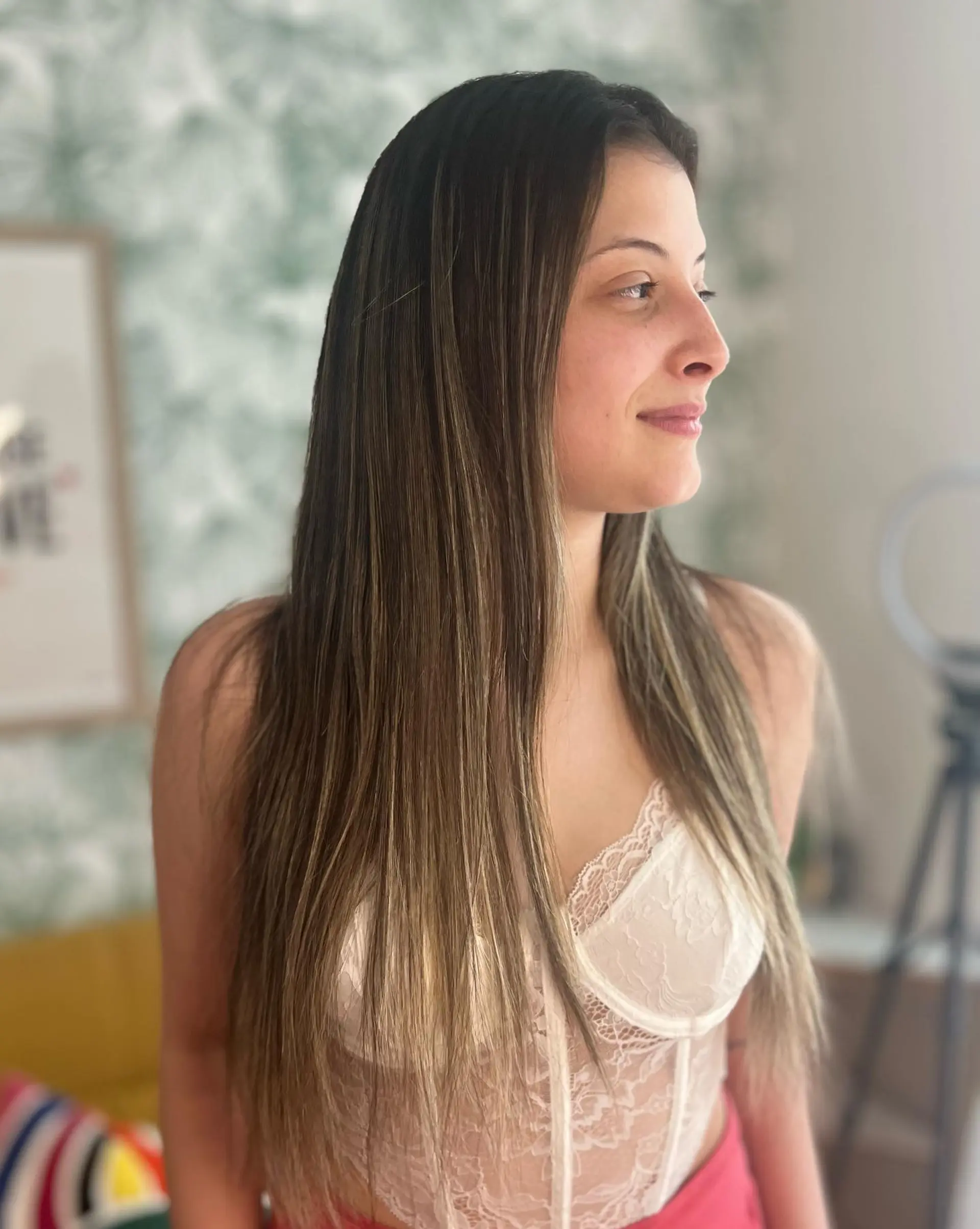 Extra-long, smooth straight hair featuring fine blonde and light brown highlights blended through a dark brown base. 1