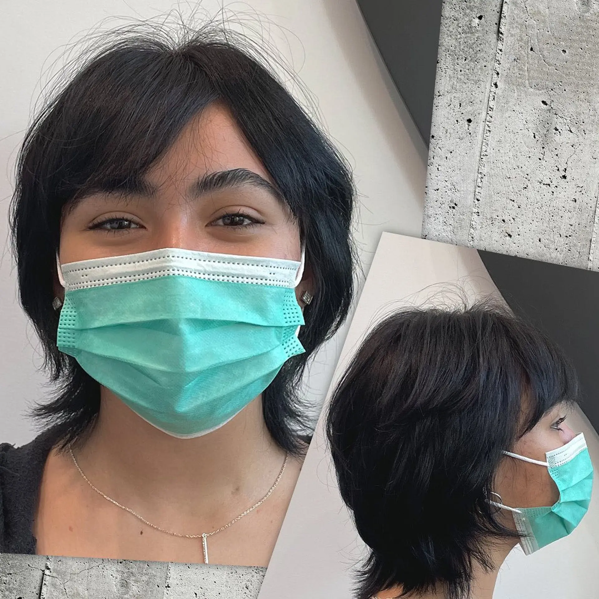 A textured short shag haircut with feathered layers and side-swept bangs in natural black. 1