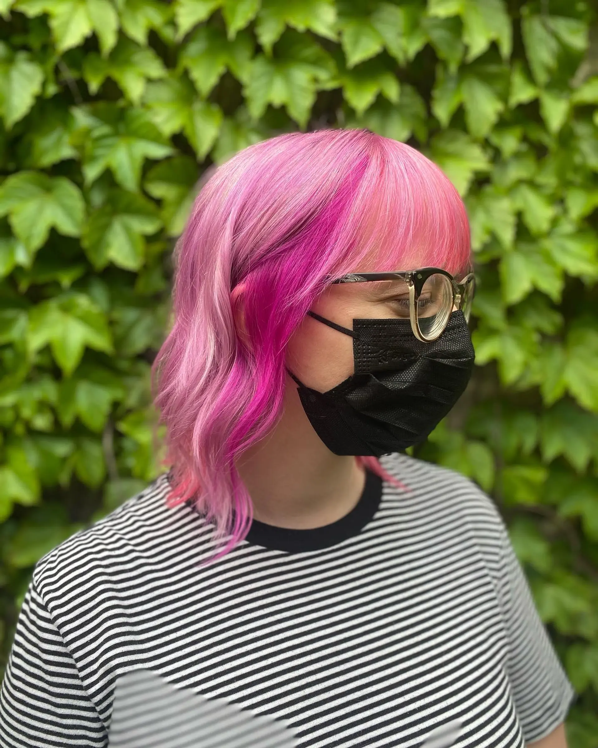 A medium length shag haircut with textured waves and a trendy, colorful ombre. 1