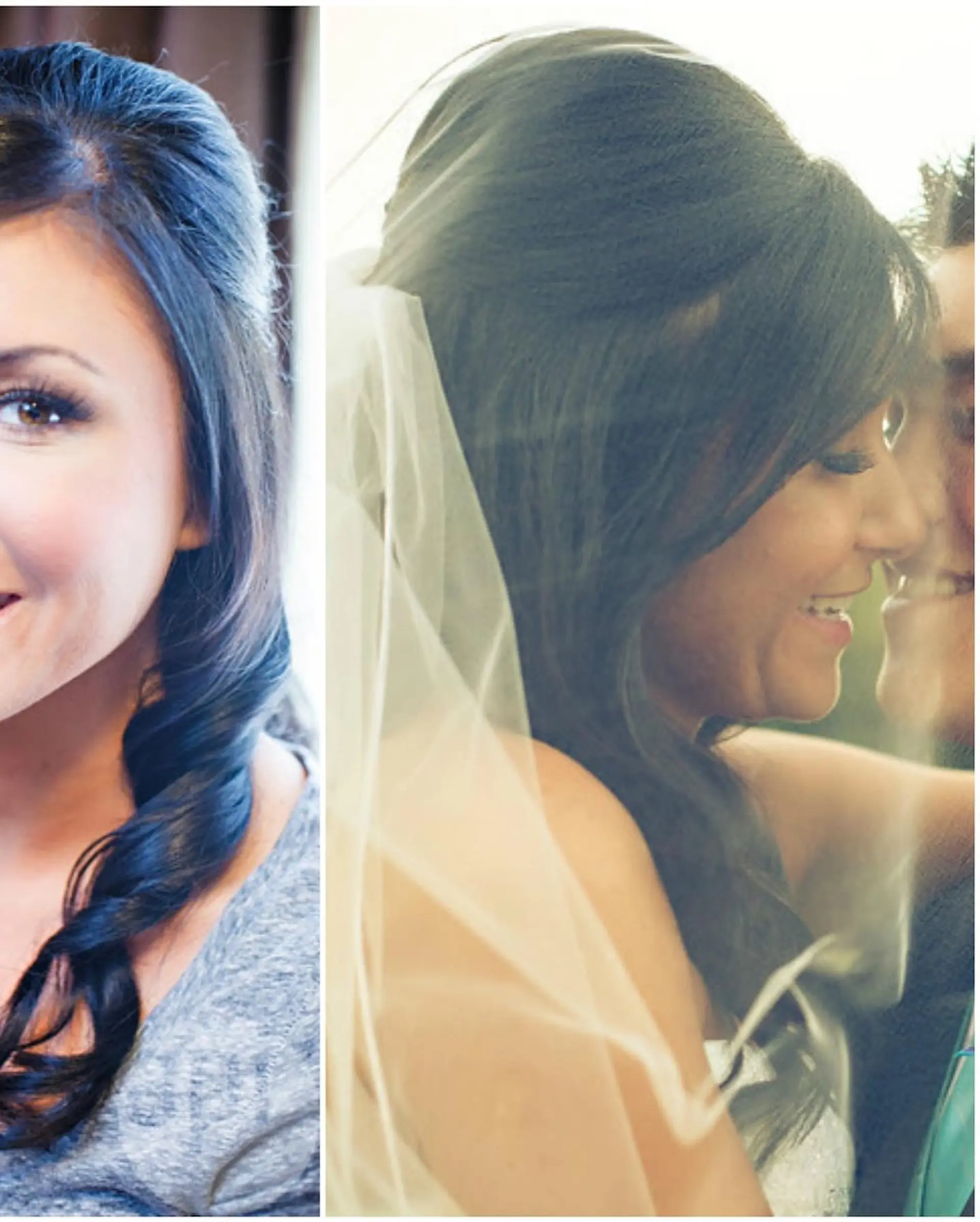 A romantic bridal half-up style featuring voluminous crown volume and glossy side-swept curls draped over one shoulder. 1